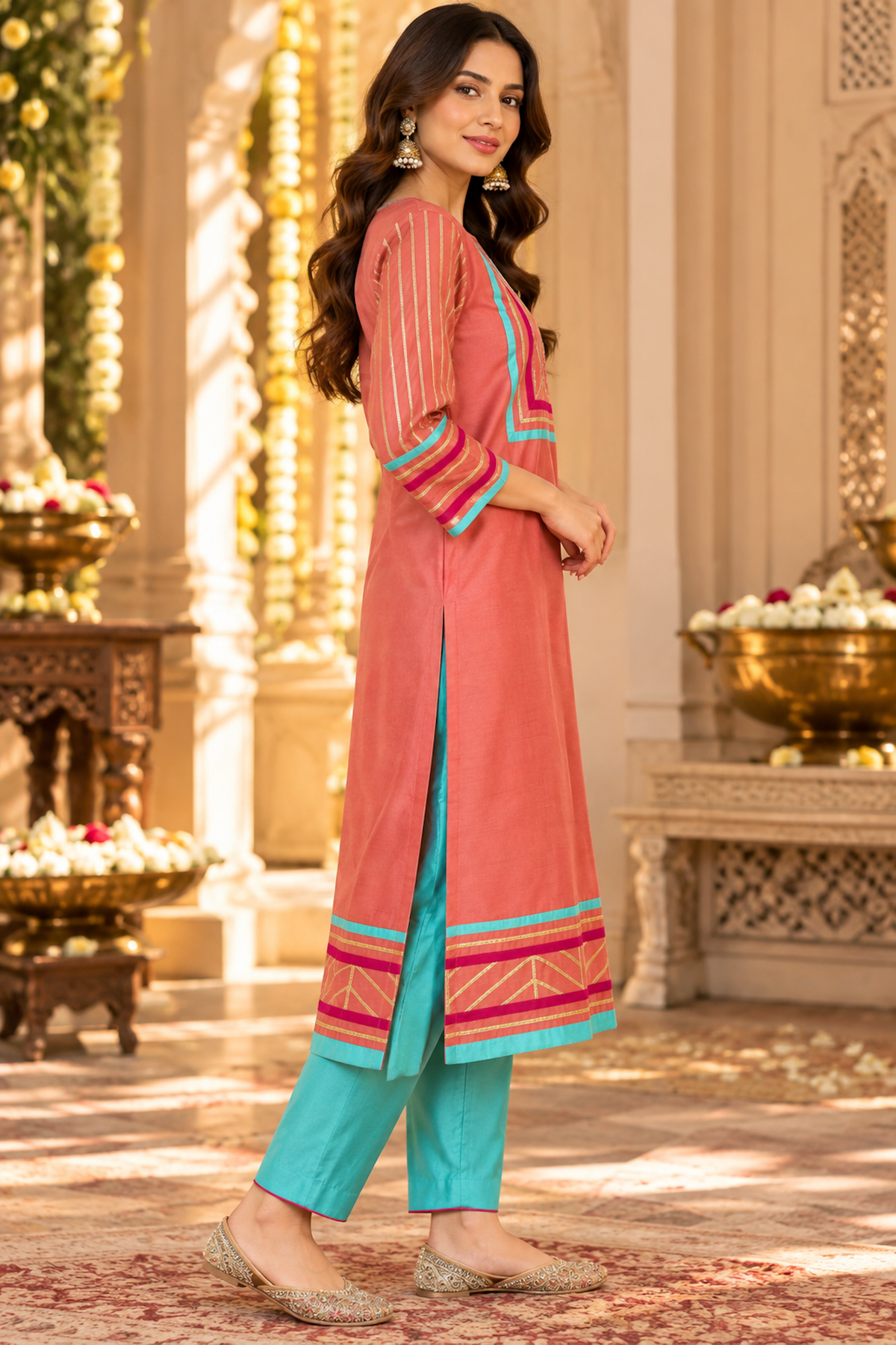 Colour That Celebrates Coral, Turquoise and Magenta Gota Kurta Set