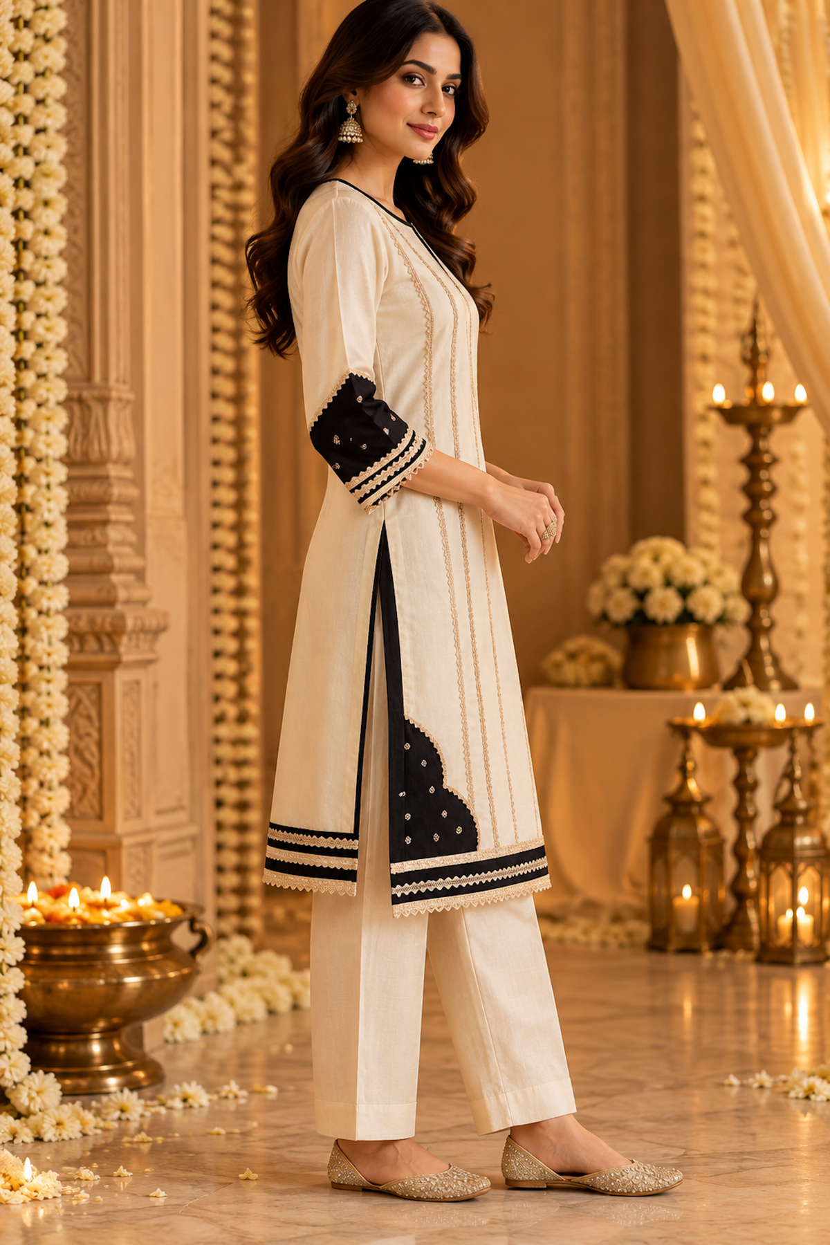 A Study in Contrast, Ivory, Black and Gold Patchwork Kurta Set