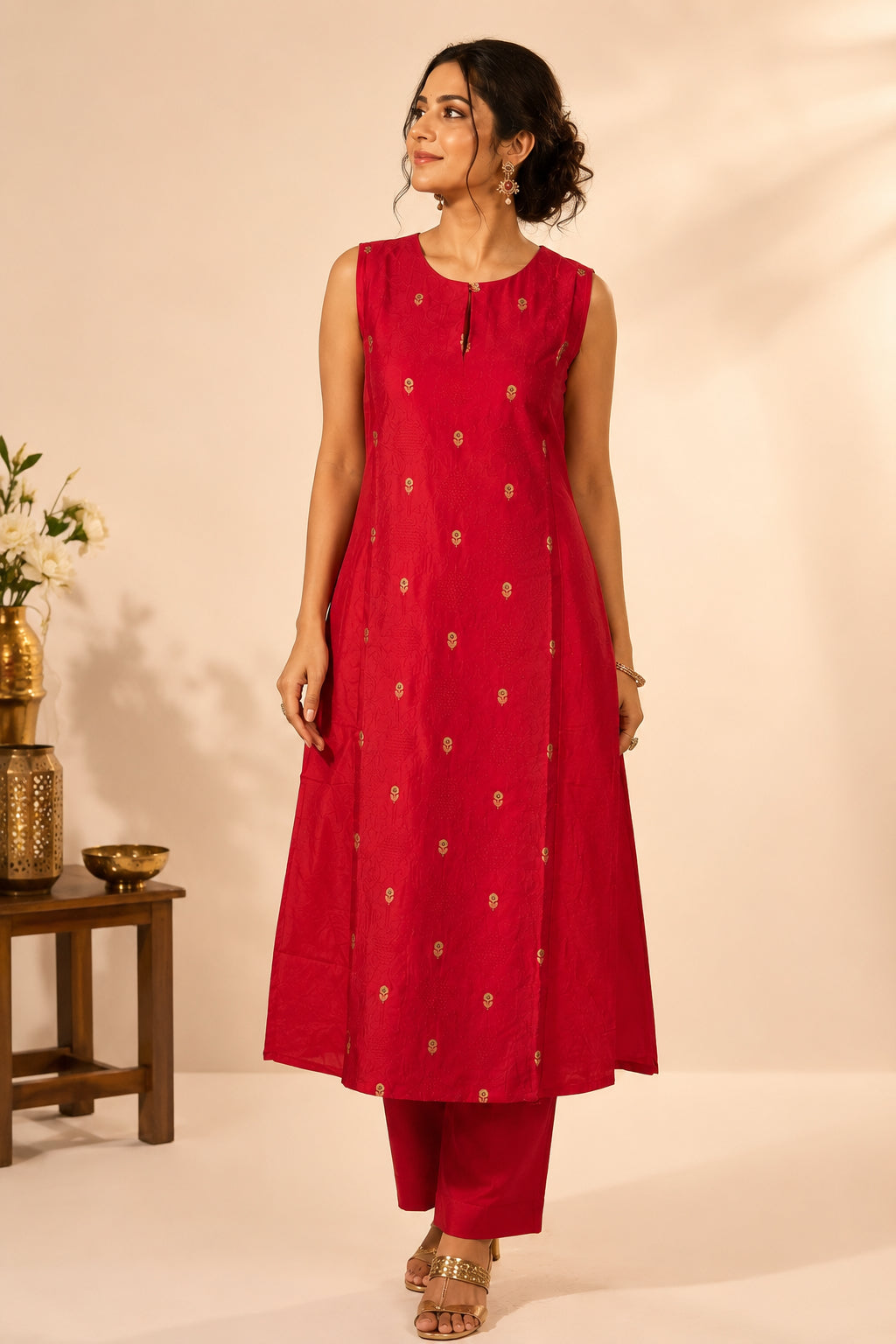 Silks of India Red Handwoven Banarasi Brocade Kurta set