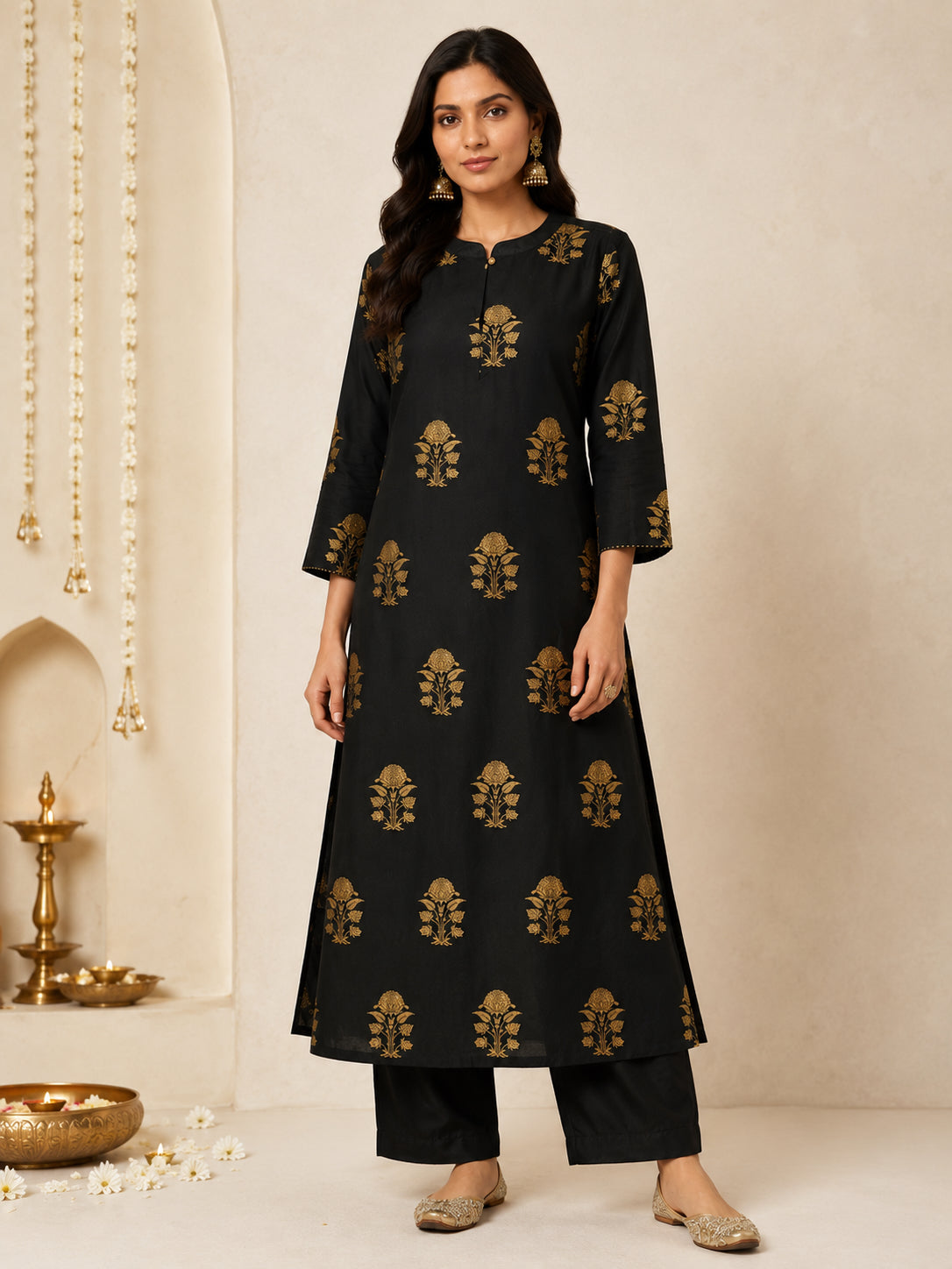 Silks of India Handwoven Black Brocade Kurta set