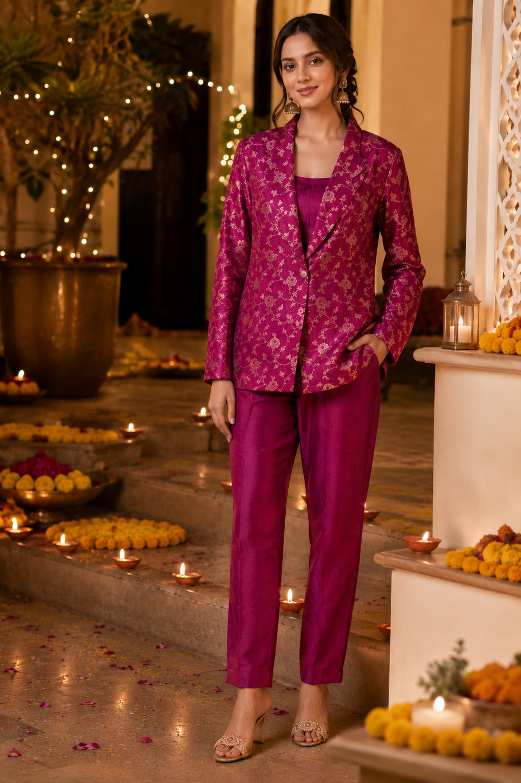 Silks of India Magenta Brocade Jacket Set