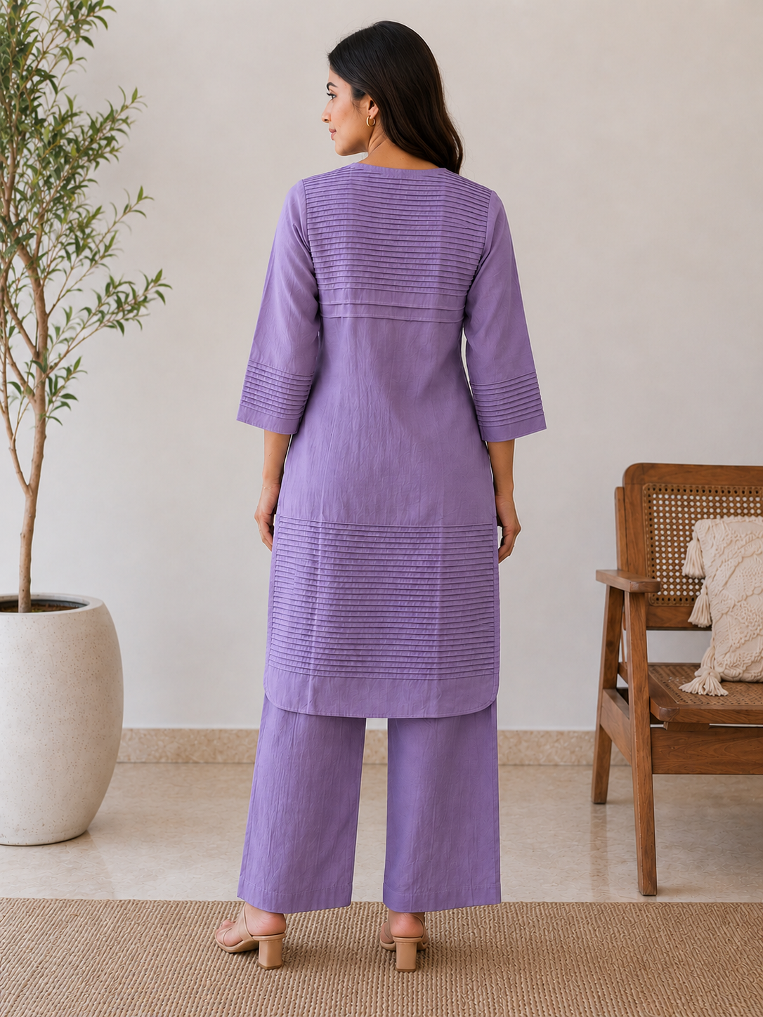 Everyday Essentials Mauve Cotton Pintuck Kurta Set
