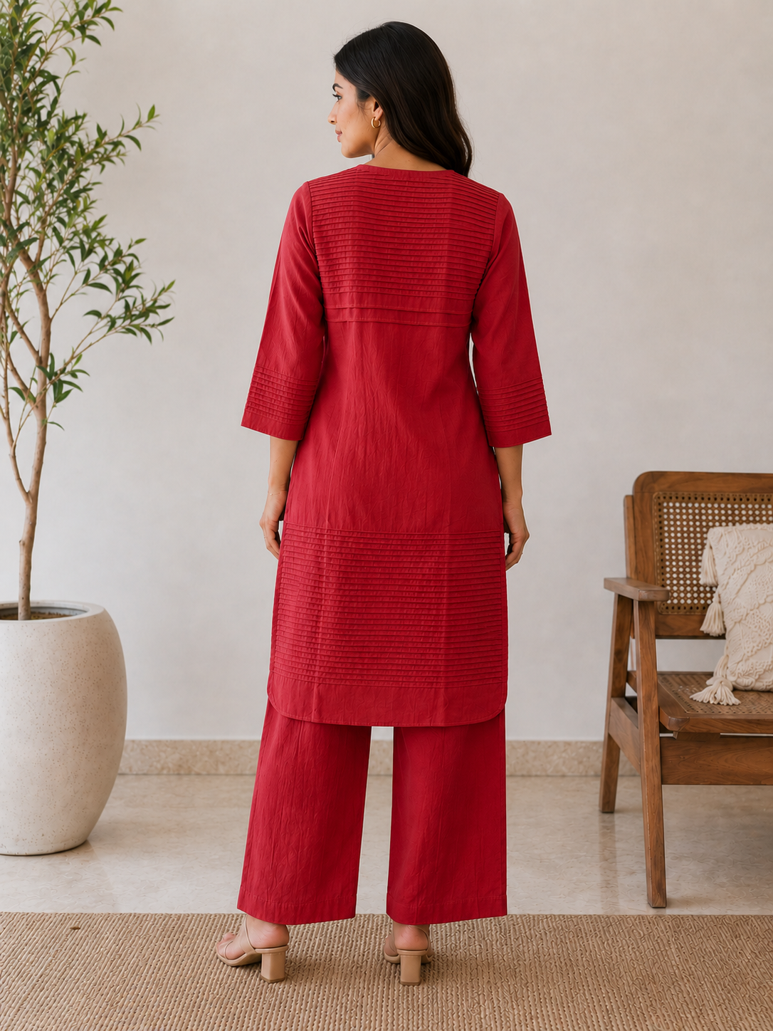 Everyday Essentials Red Cotton Pintuck Kurta Set