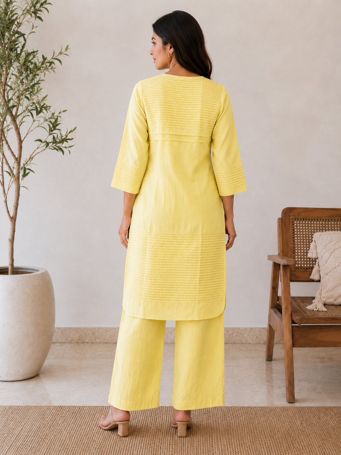 Everyday Essentials Yellow Cotton Pintuck Kurta Set