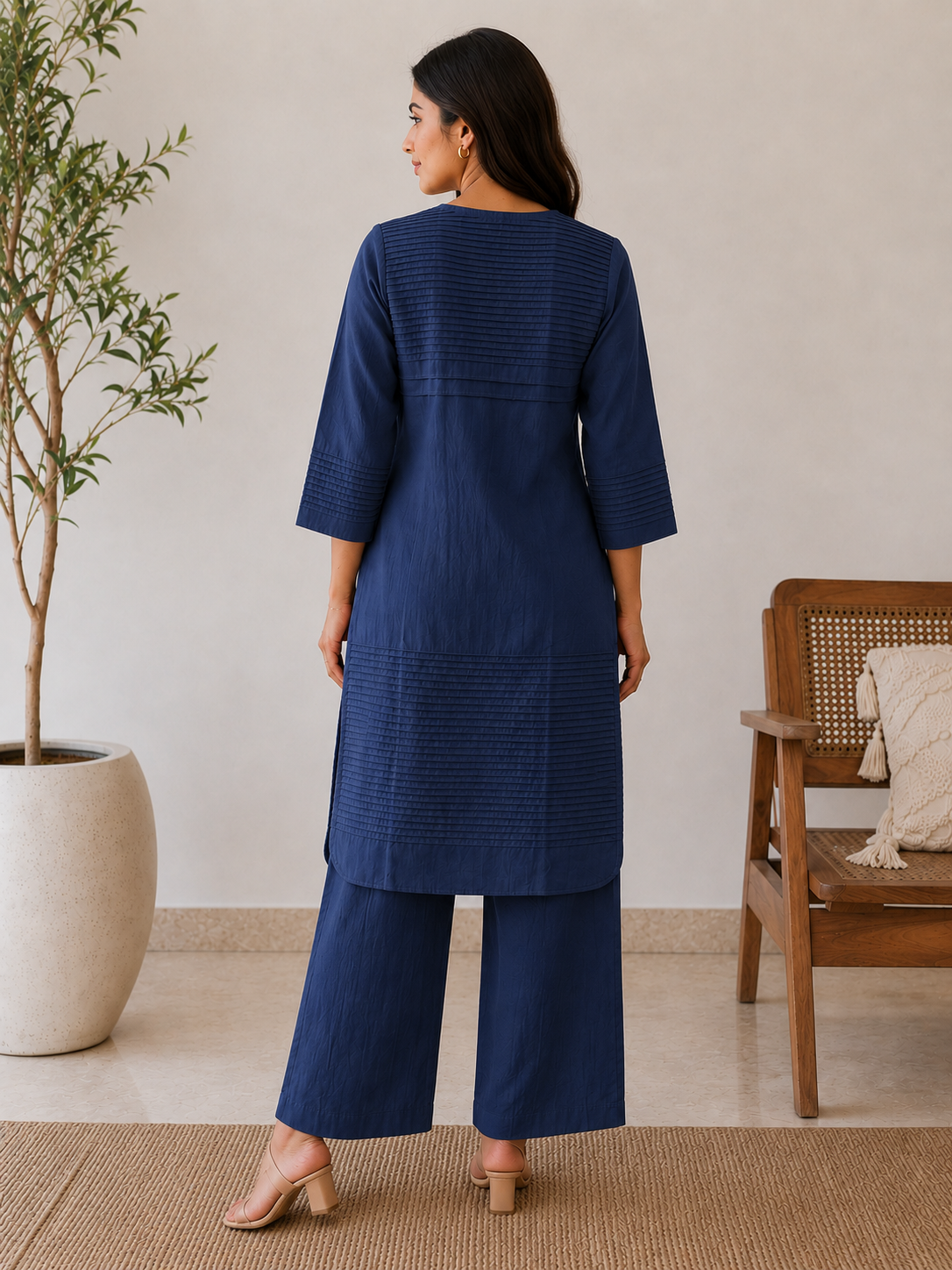 Everyday Essentials Navy Blue Cotton Pintuck Kurta Set