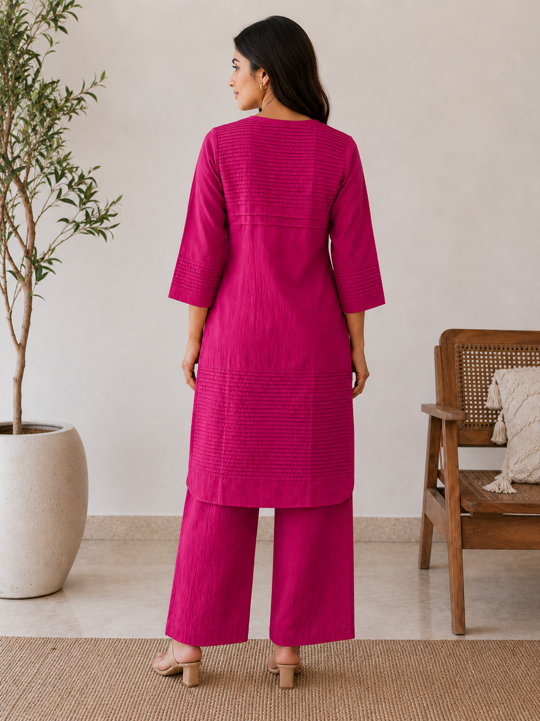 Everyday Essentials Fuchsia Cotton Pintuck Kurta Set