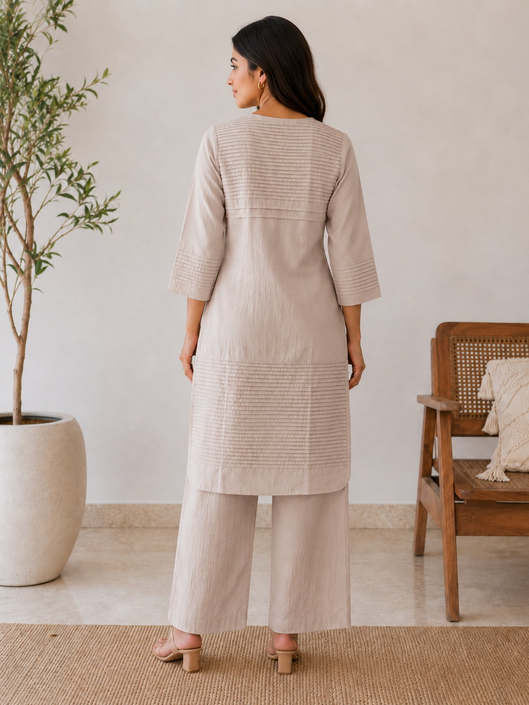 Everyday Essentials Taupe Cotton Pintuck Kurta Set
