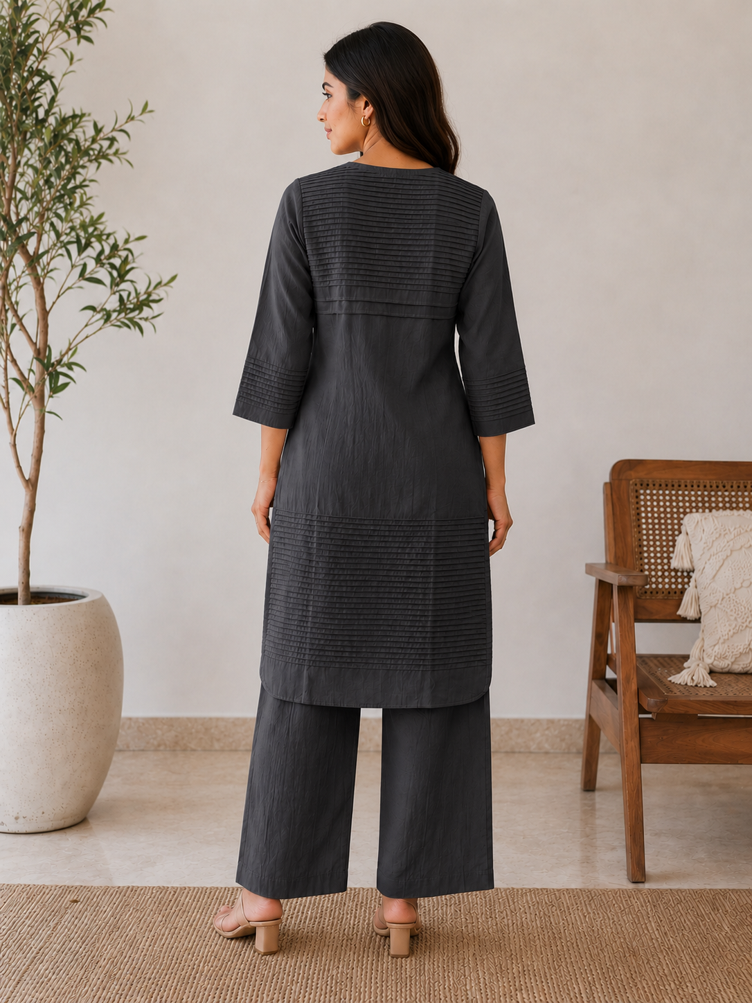 Everyday Essentials Charcoal Cotton Pintuck Kurta Set