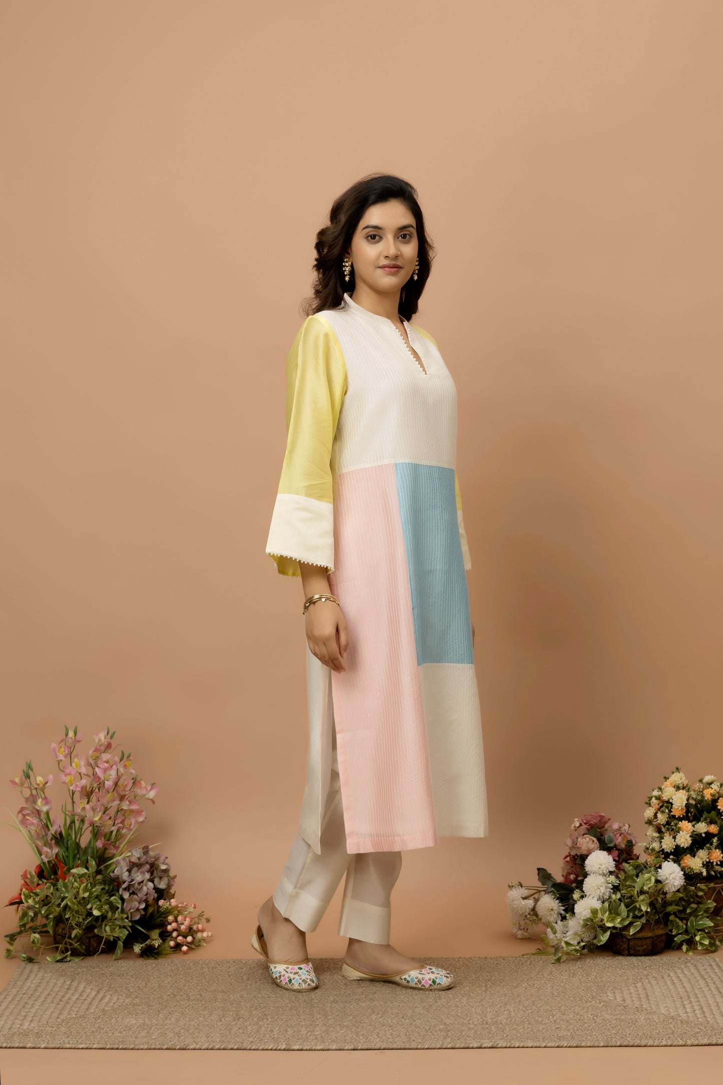 Rozanna Off White Chanderi Patchwork Kurta Set