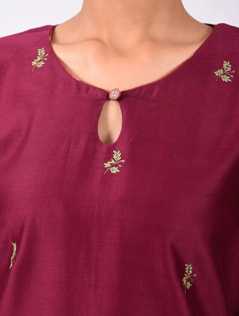 Surkh Maroon Chanderi Embroidered Kurta Set