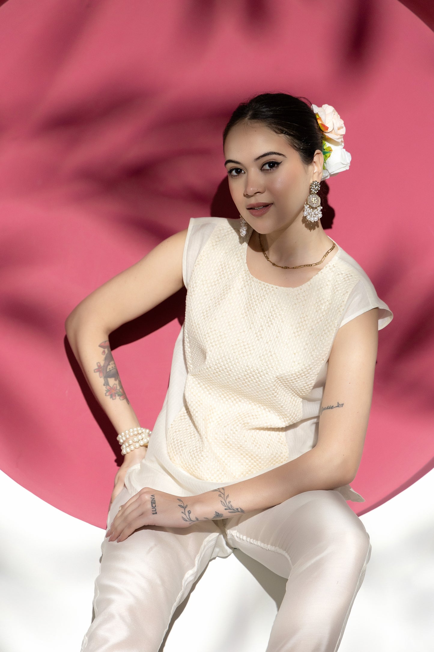 Anokhi Handwoven Off White Embroidered Top