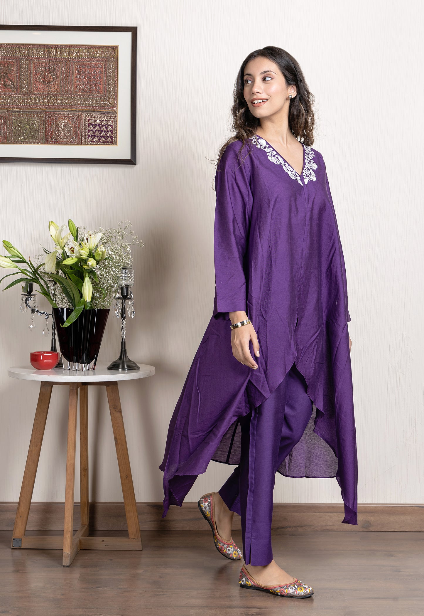 Nakkashi Purple Chanderi Embroidered Kurta Set