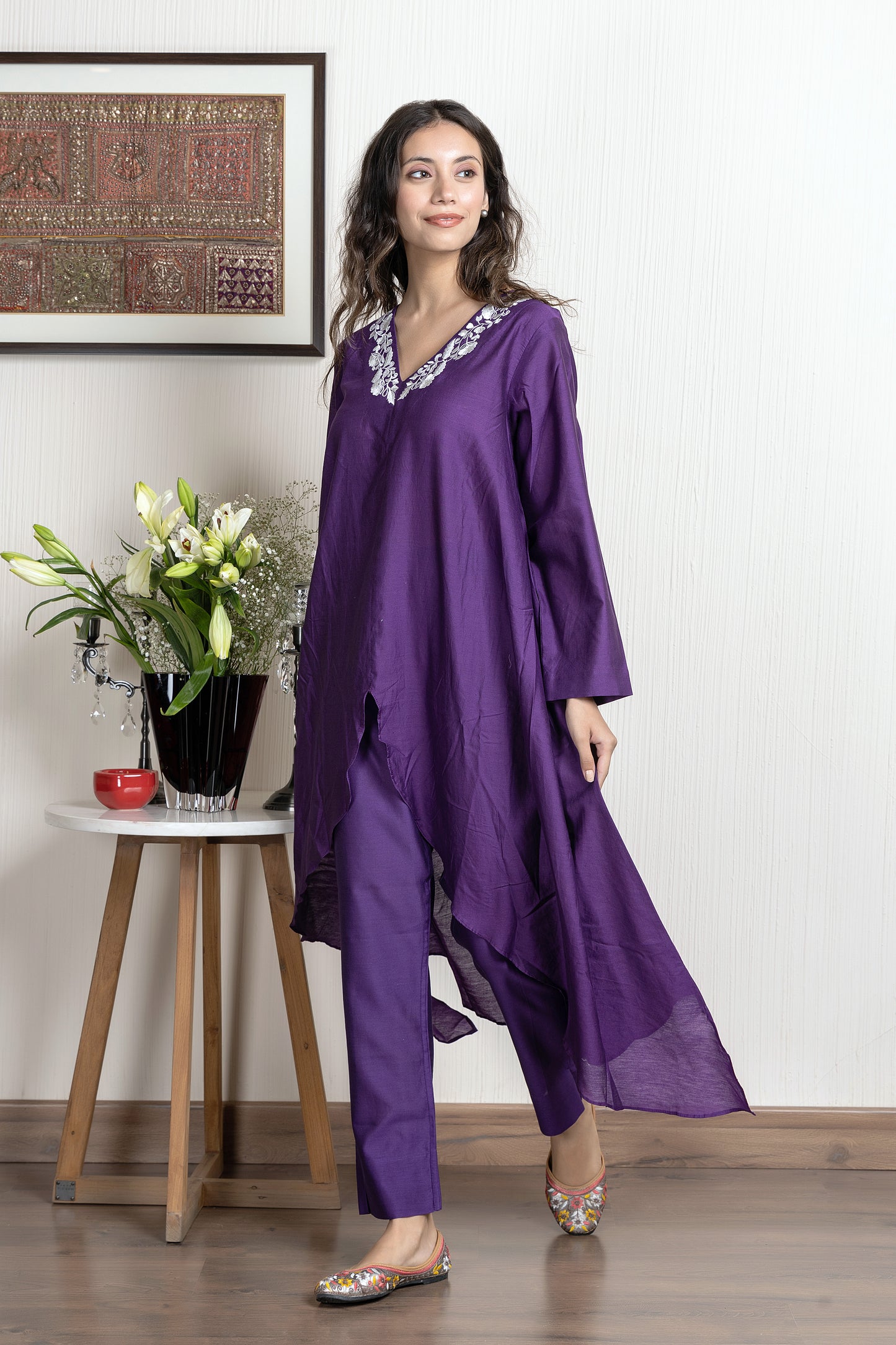 Nakkashi Purple Chanderi Embroidered Kurta Set