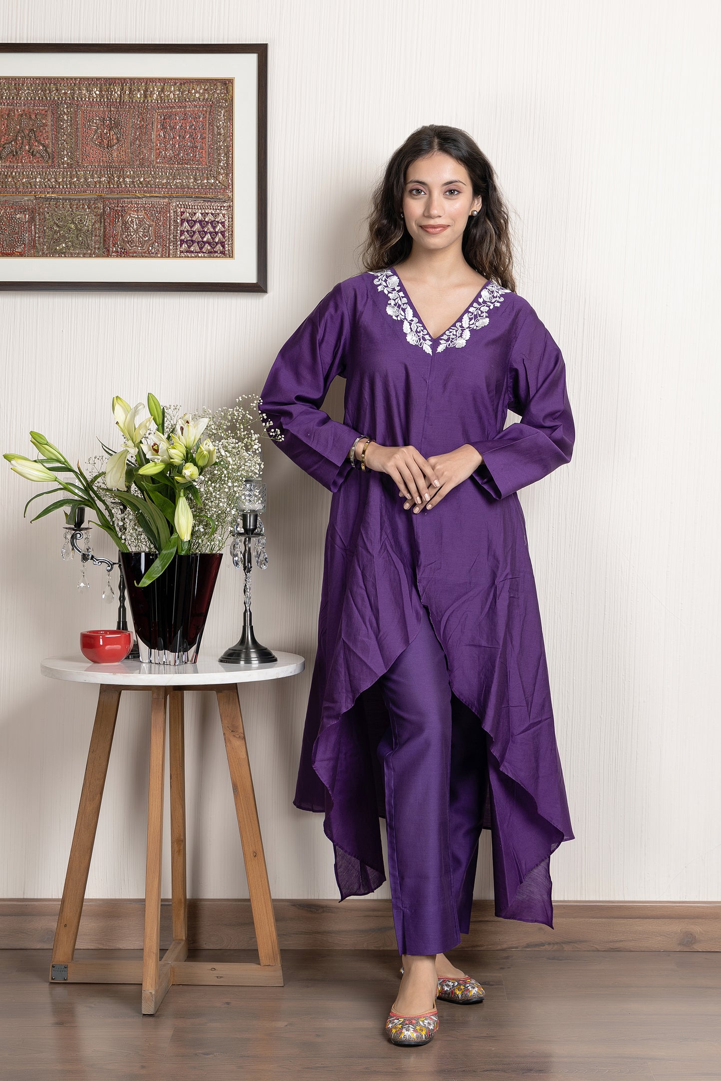 Nakkashi Purple Chanderi Embroidered Kurta Set