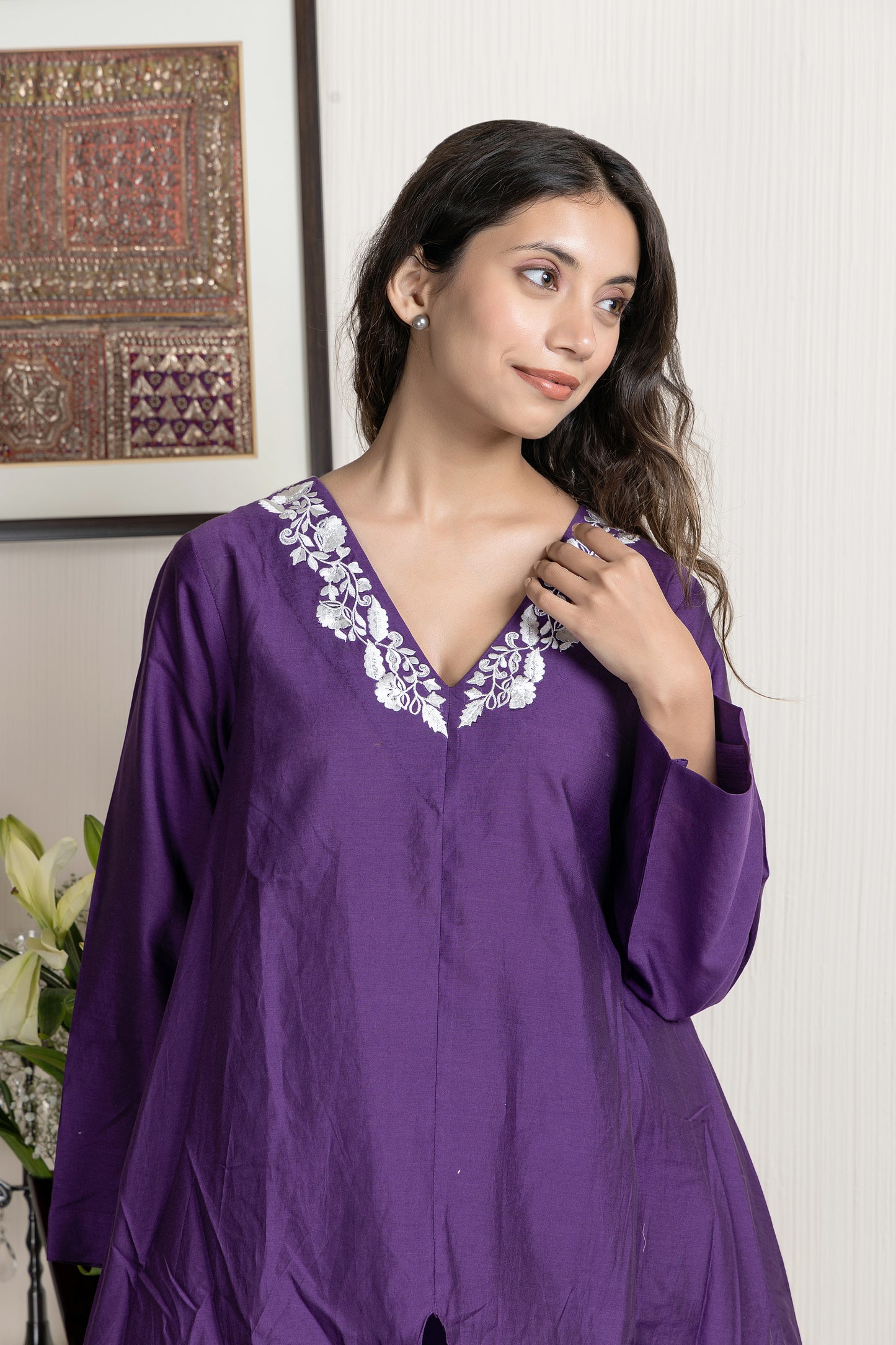 Nakkashi Purple Chanderi Embroidered Kurta Set
