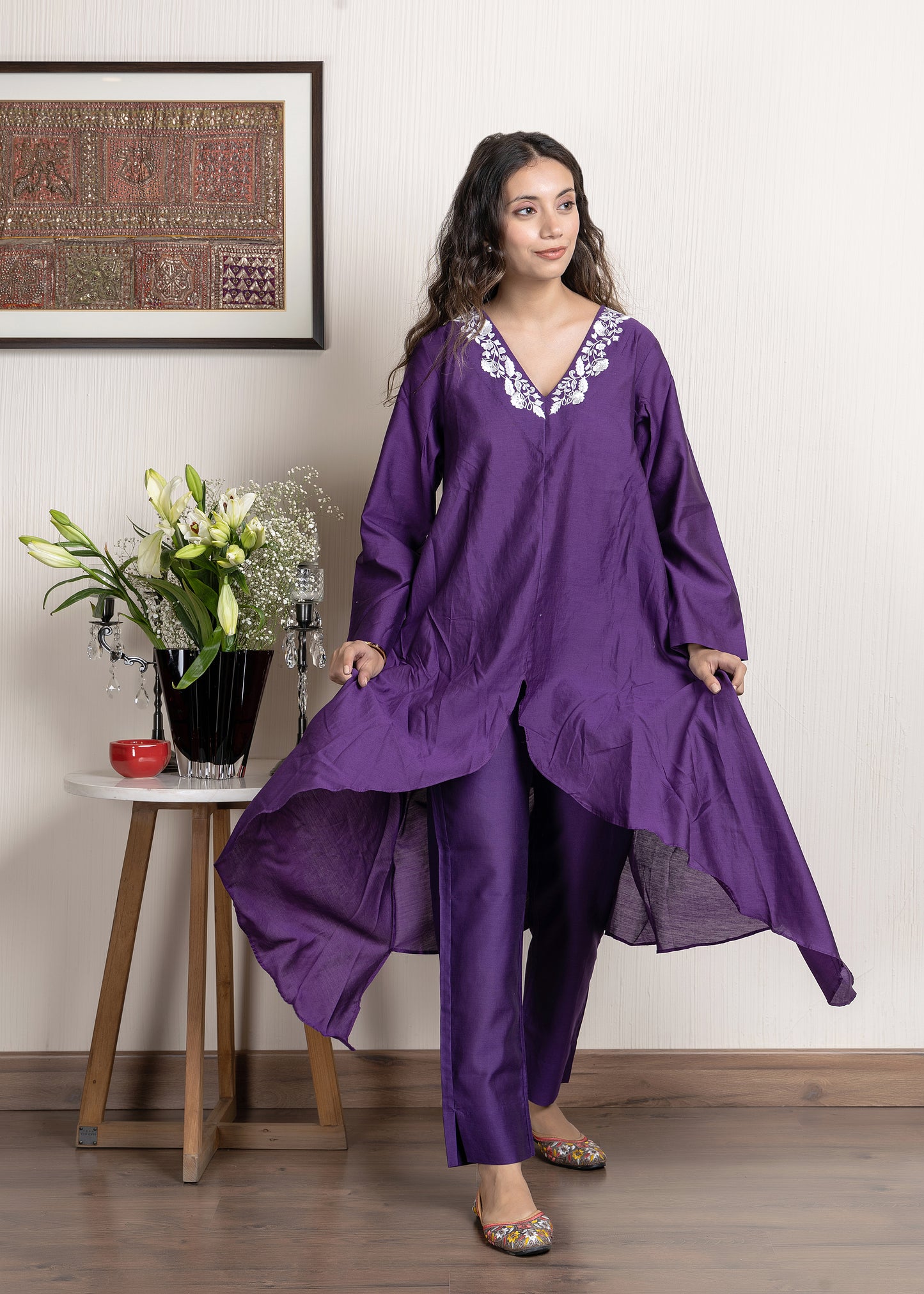 Nakkashi Purple Chanderi Embroidered Kurta Set