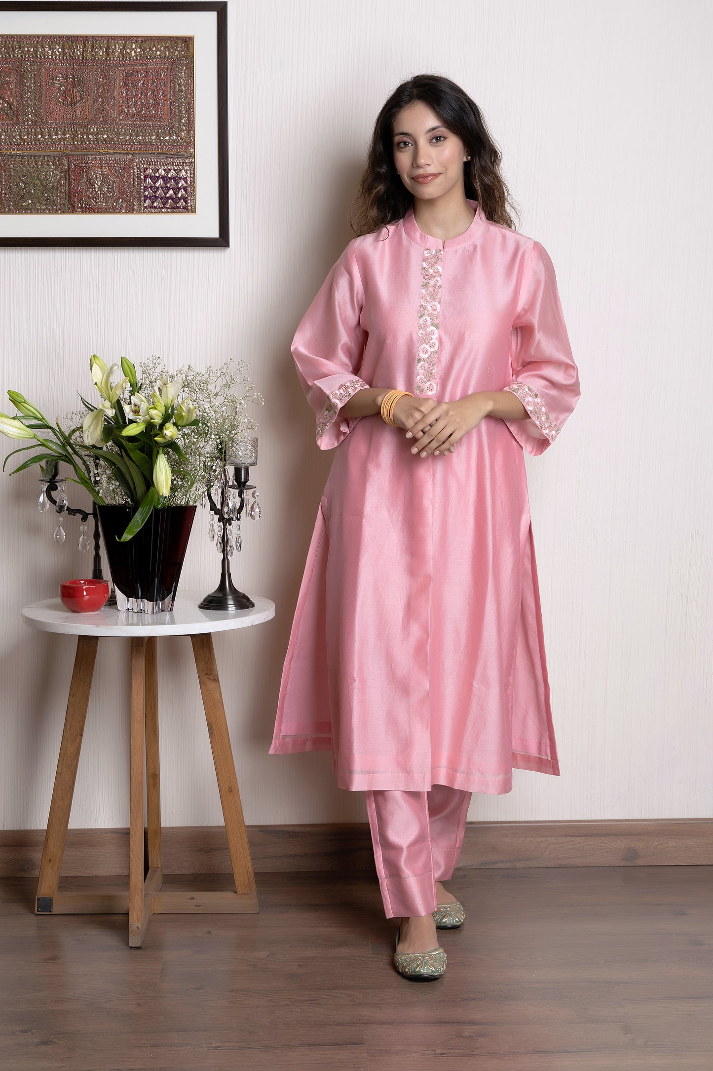 Nakkashi Pink Chanderi Embroidered Kurta Set