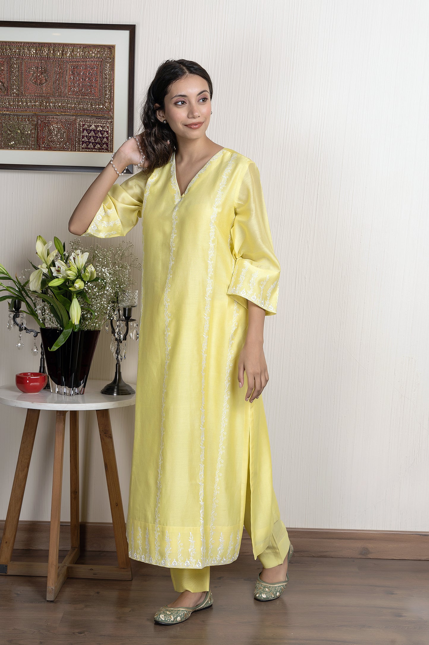 Nakkashi Yellow Chanderi Embroidered Kurta Set