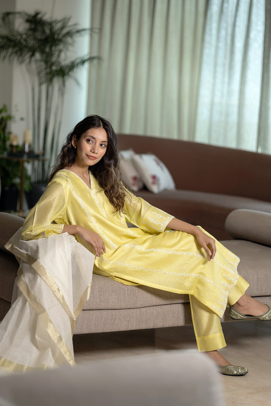 Nakkashi Yellow Chanderi Embroidered Kurta Set