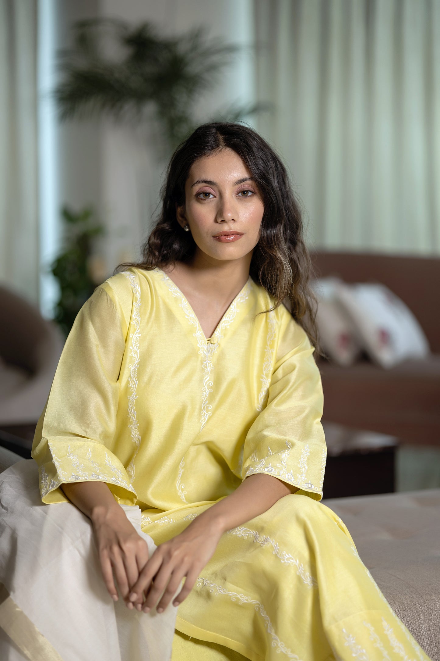 Nakkashi Yellow Chanderi Embroidered Kurta Set