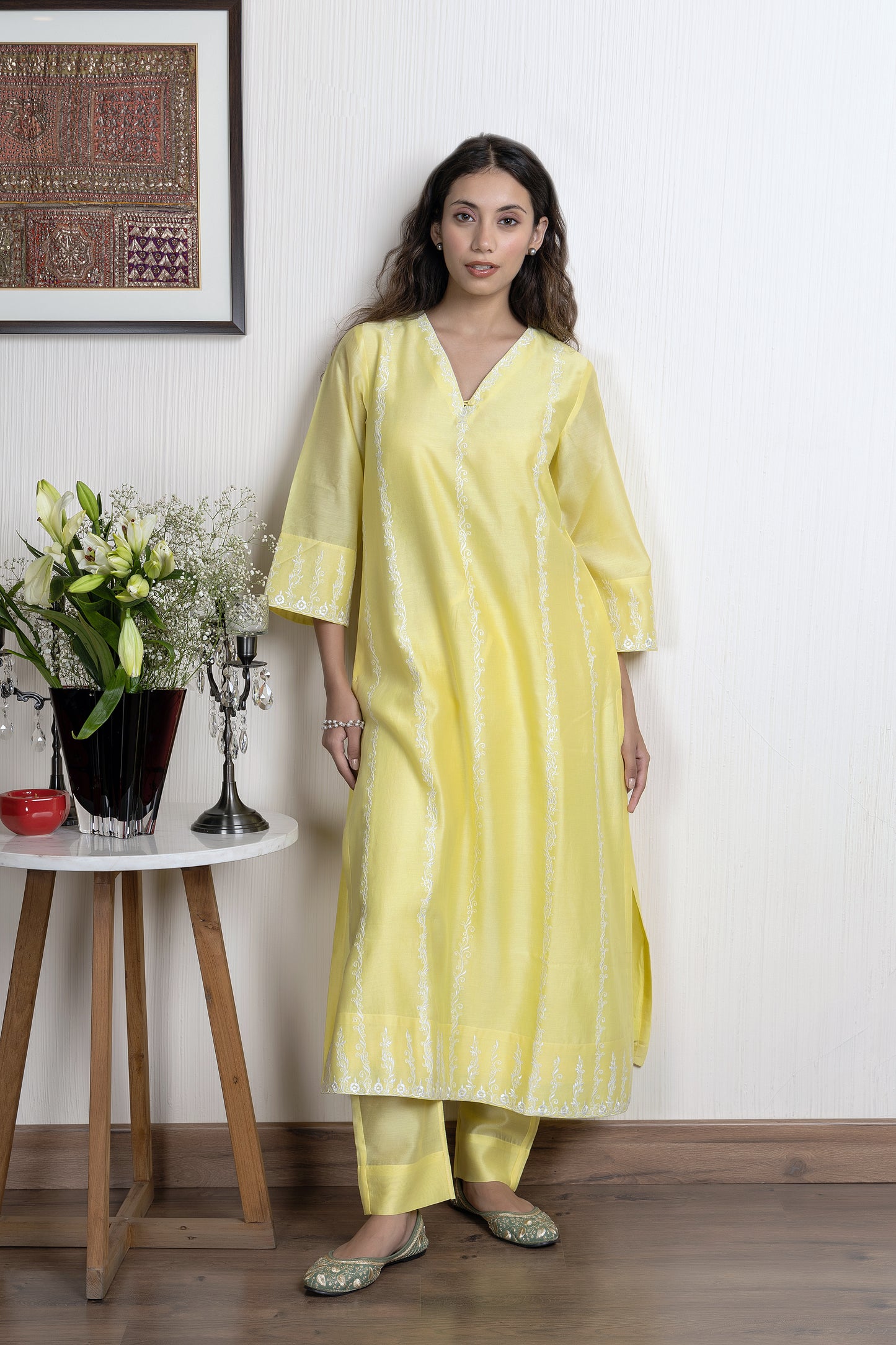 Nakkashi Yellow Chanderi Embroidered Kurta Set