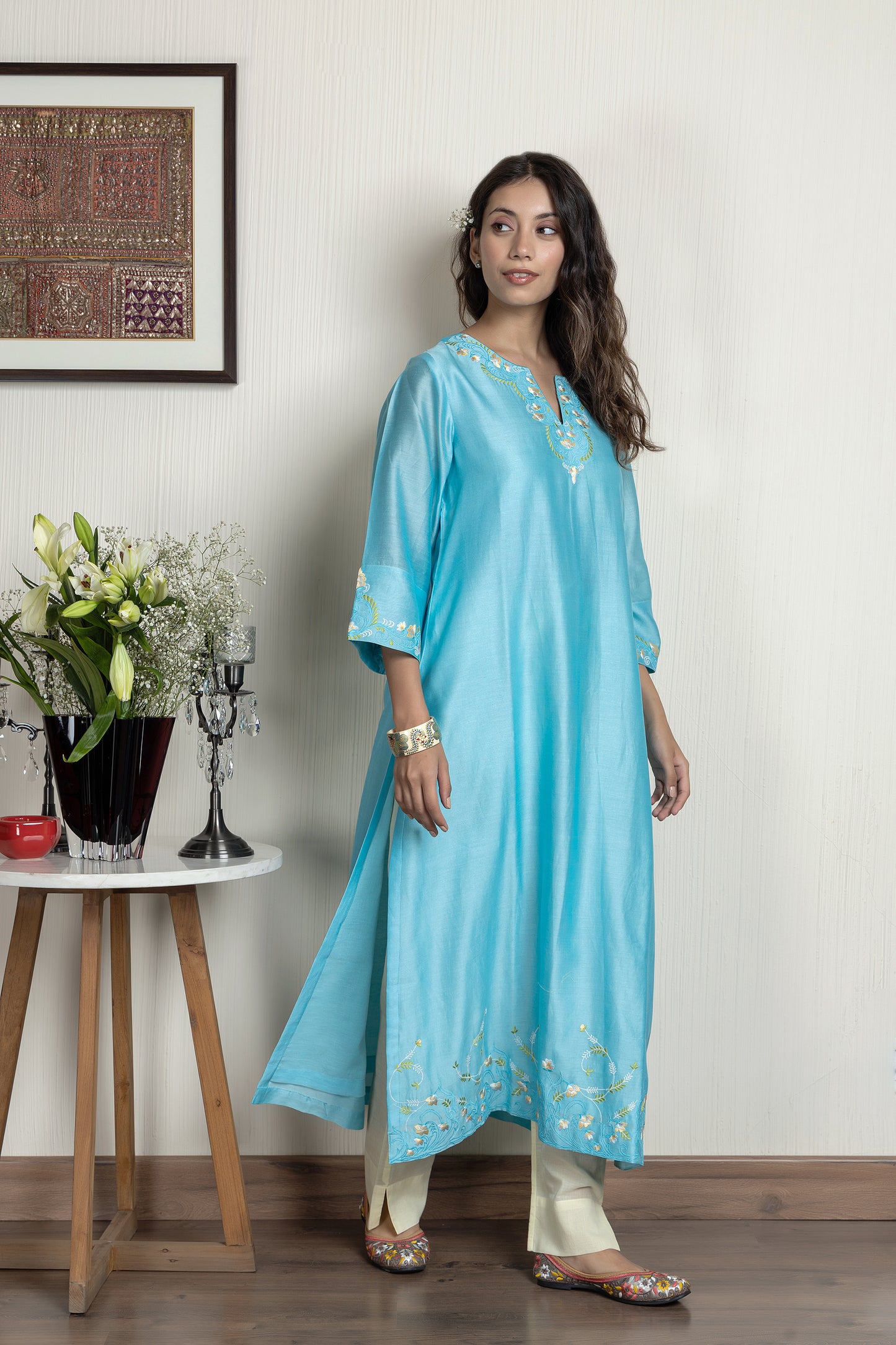Nakkashi Turquoise Chanderi Embroidered Kurta Set