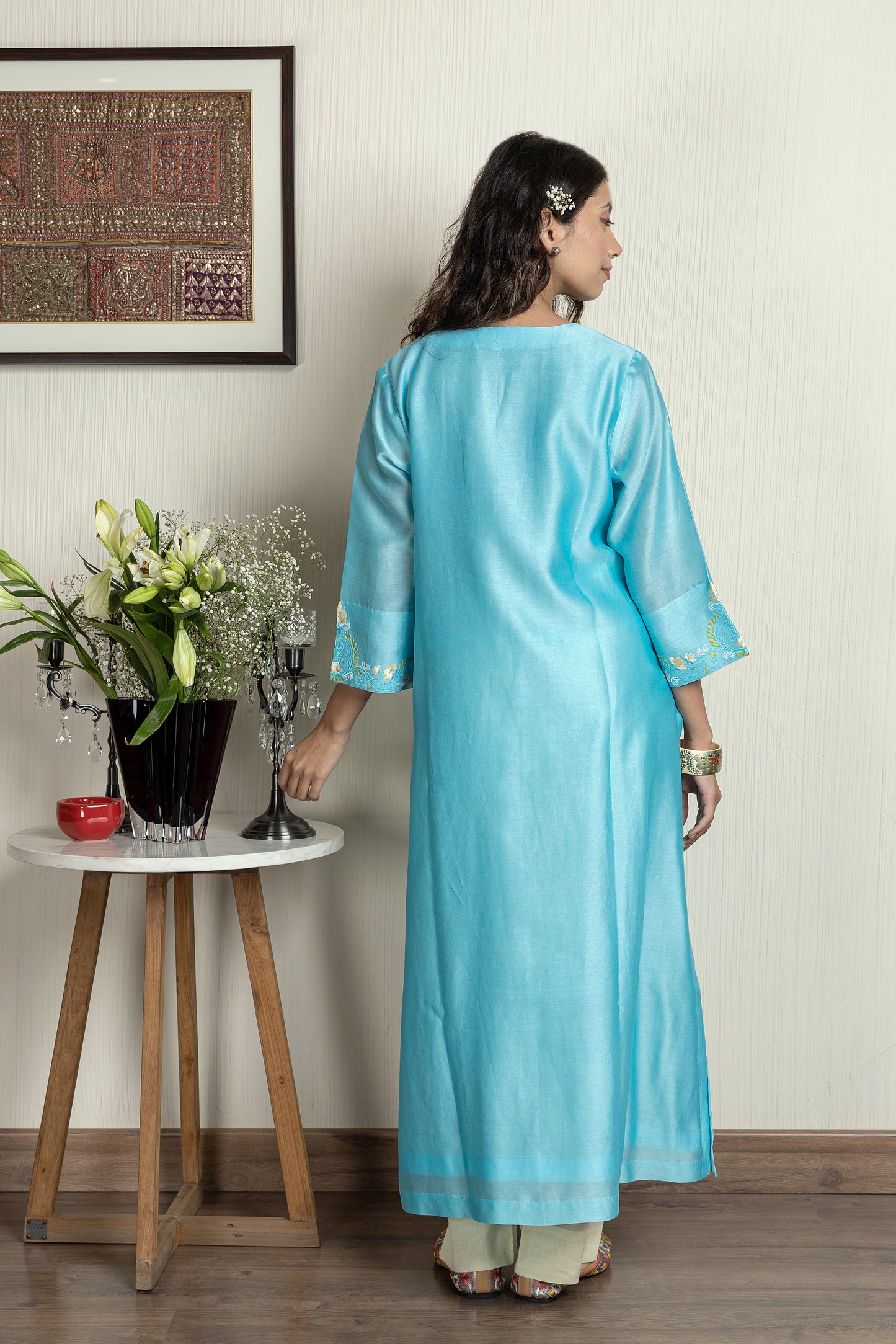 Nakkashi Turquoise Chanderi Embroidered Kurta Set