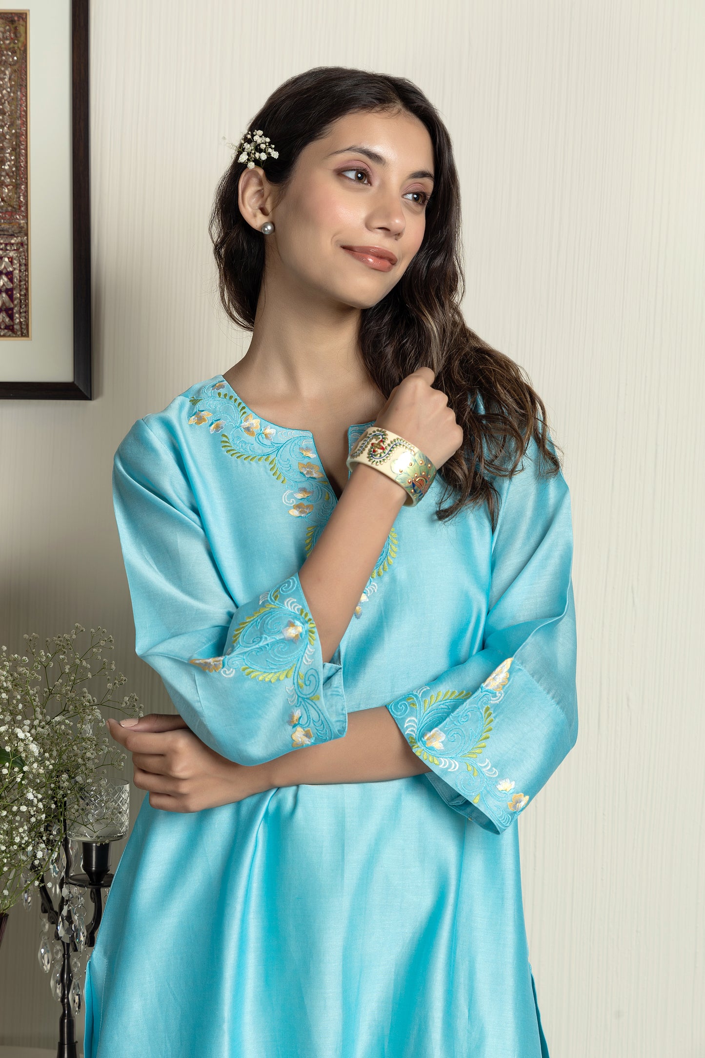 Nakkashi Turquoise Chanderi Embroidered Kurta Set