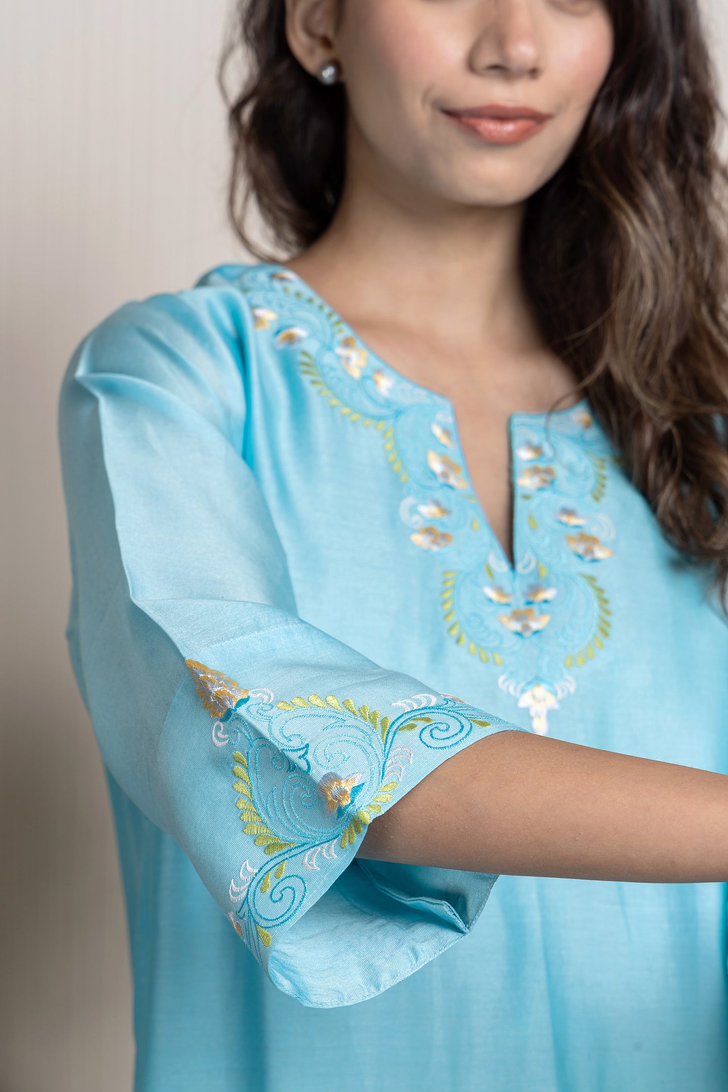 Nakkashi Turquoise Chanderi Embroidered Kurta Set