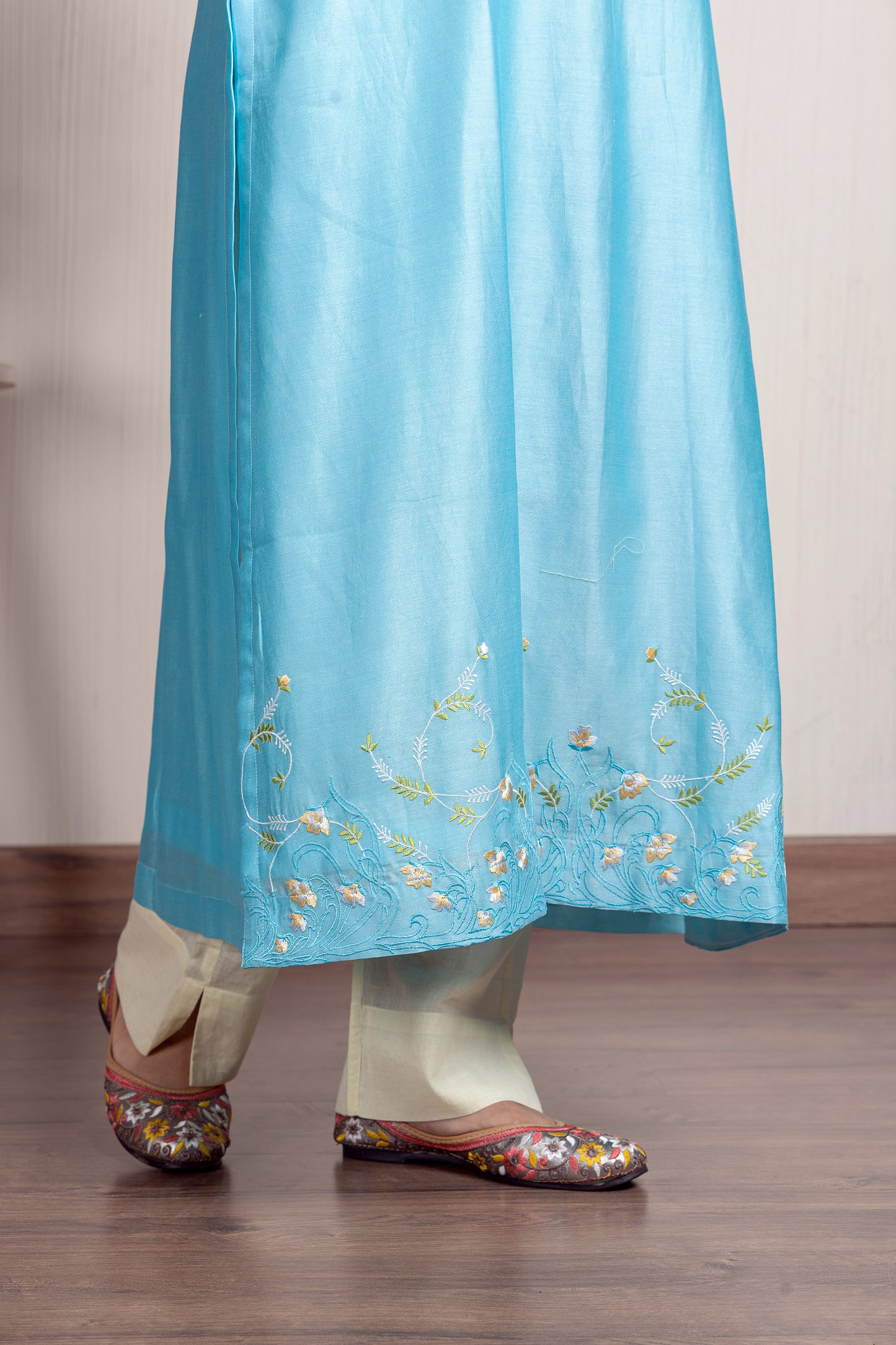 Nakkashi Turquoise Chanderi Embroidered Kurta Set