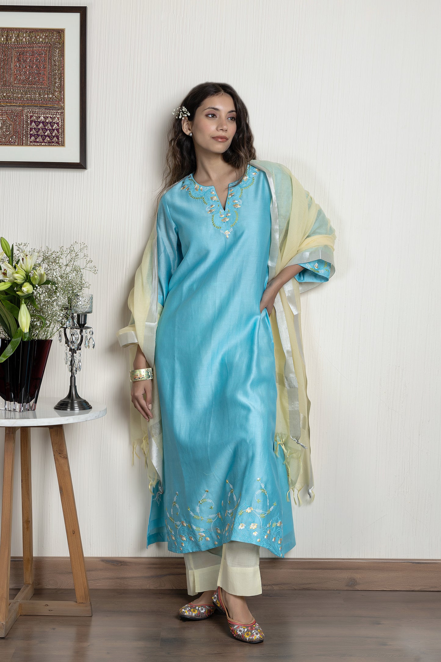 Nakkashi Turquoise Chanderi Embroidered Kurta Set