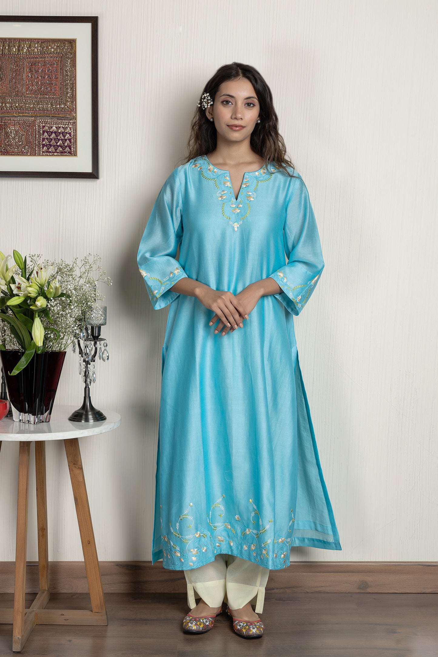 Nakkashi Turquoise Chanderi Embroidered Kurta Set