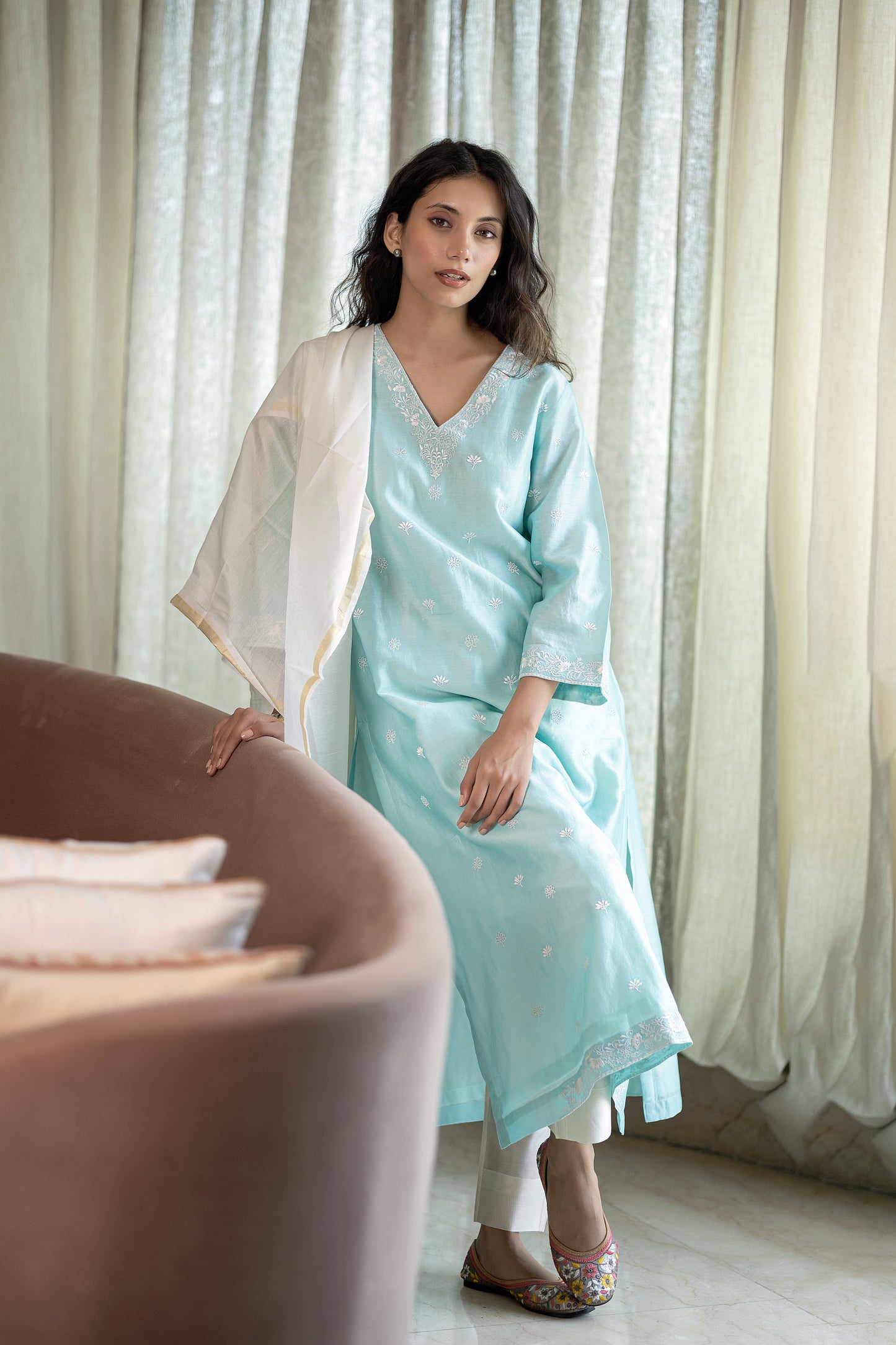 Nakkashi Sea Blue Chanderi Embroidered Kurta Set