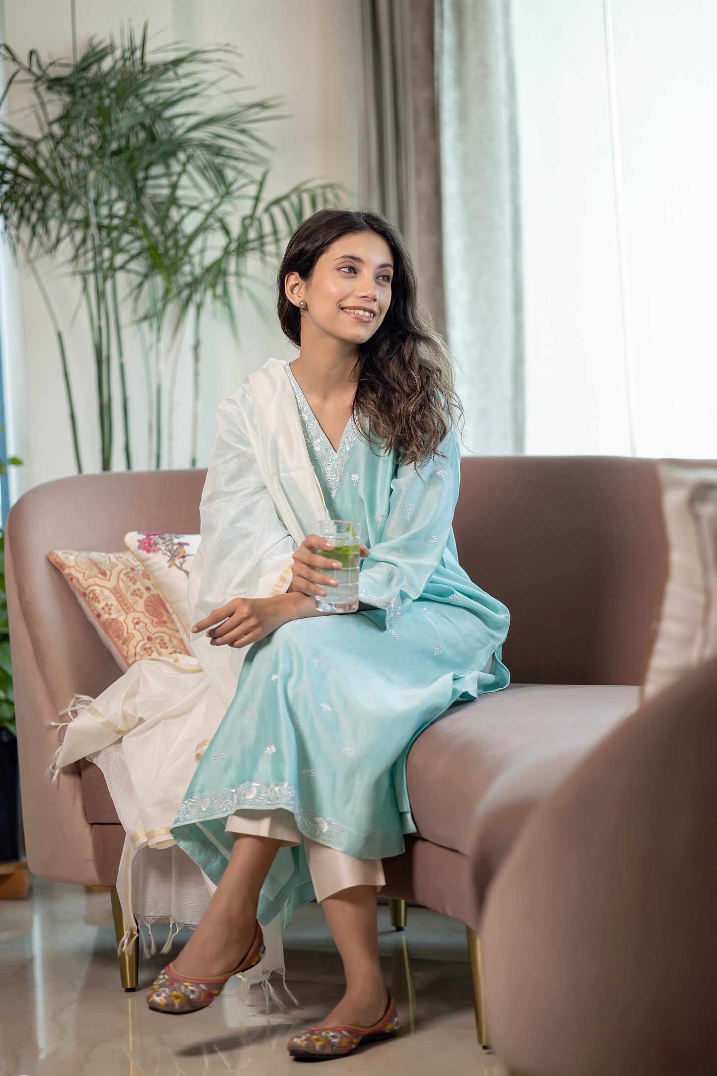 Nakkashi Sea Blue Chanderi Embroidered Kurta Set
