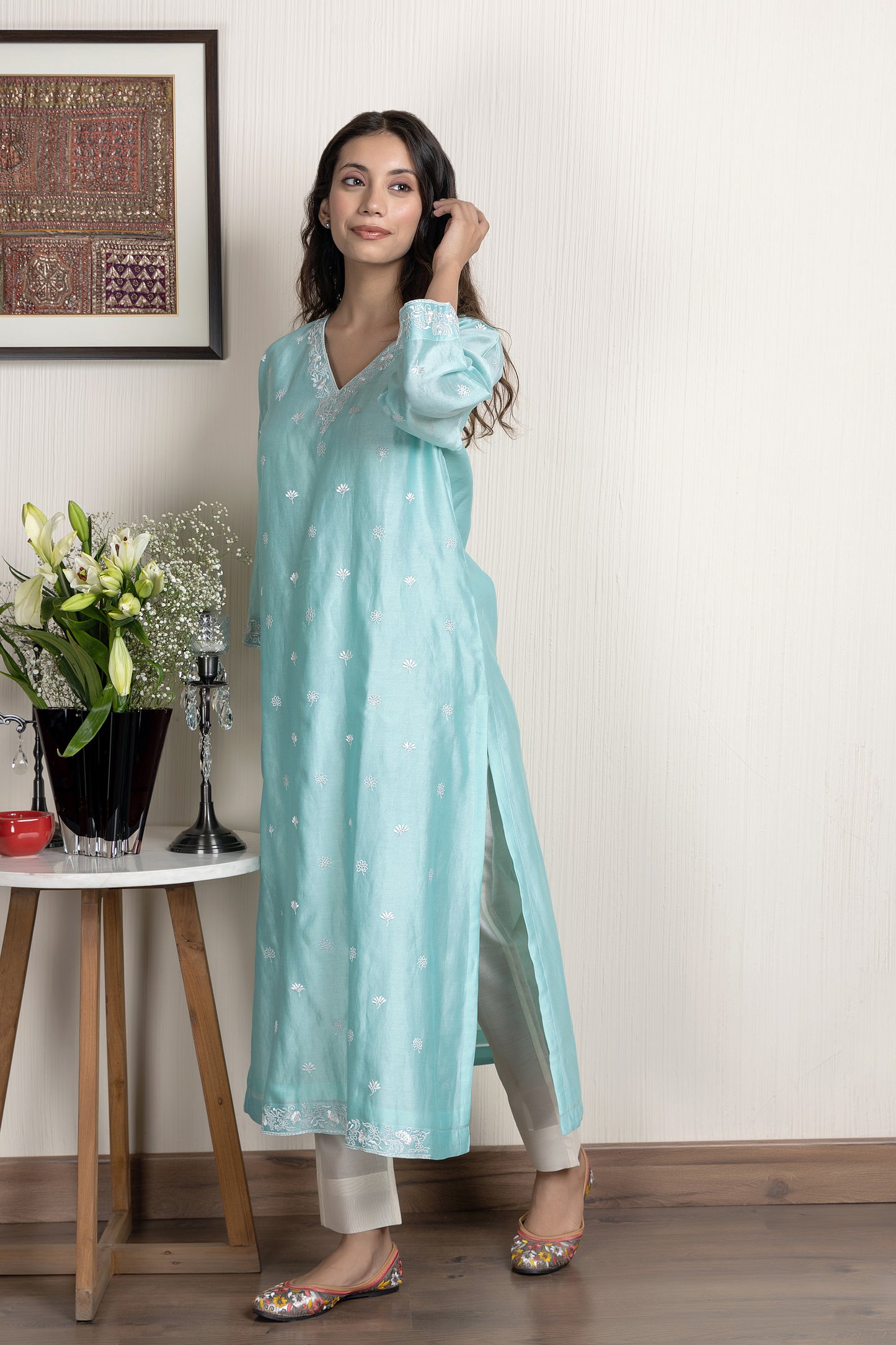 Nakkashi Sea Blue Chanderi Embroidered Kurta Set