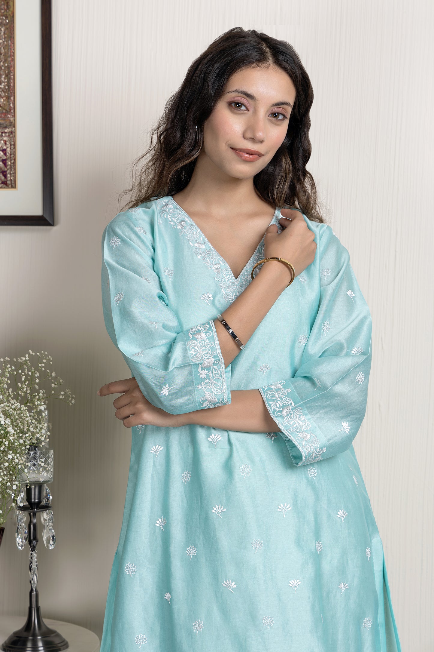 Nakkashi Sea Blue Chanderi Embroidered Kurta Set