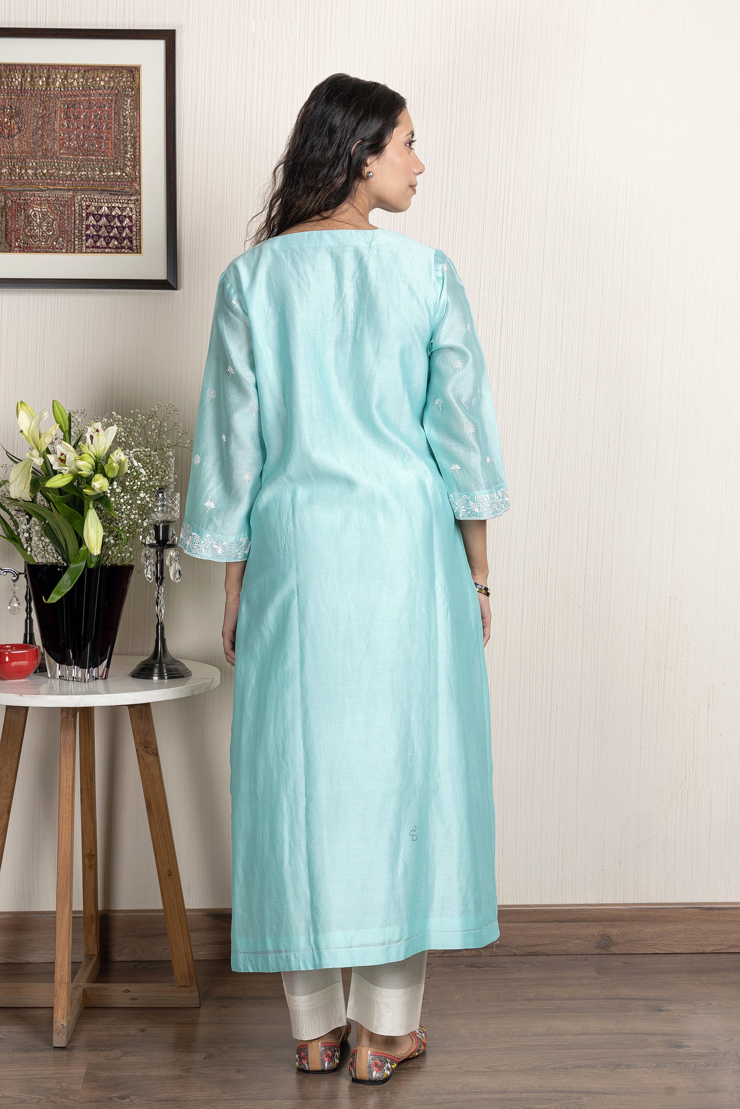 Nakkashi Sea Blue Chanderi Embroidered Kurta Set