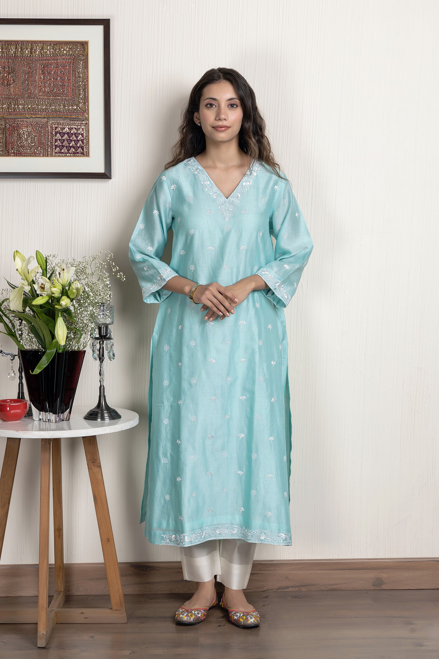 Nakkashi Sea Blue Chanderi Embroidered Kurta Set