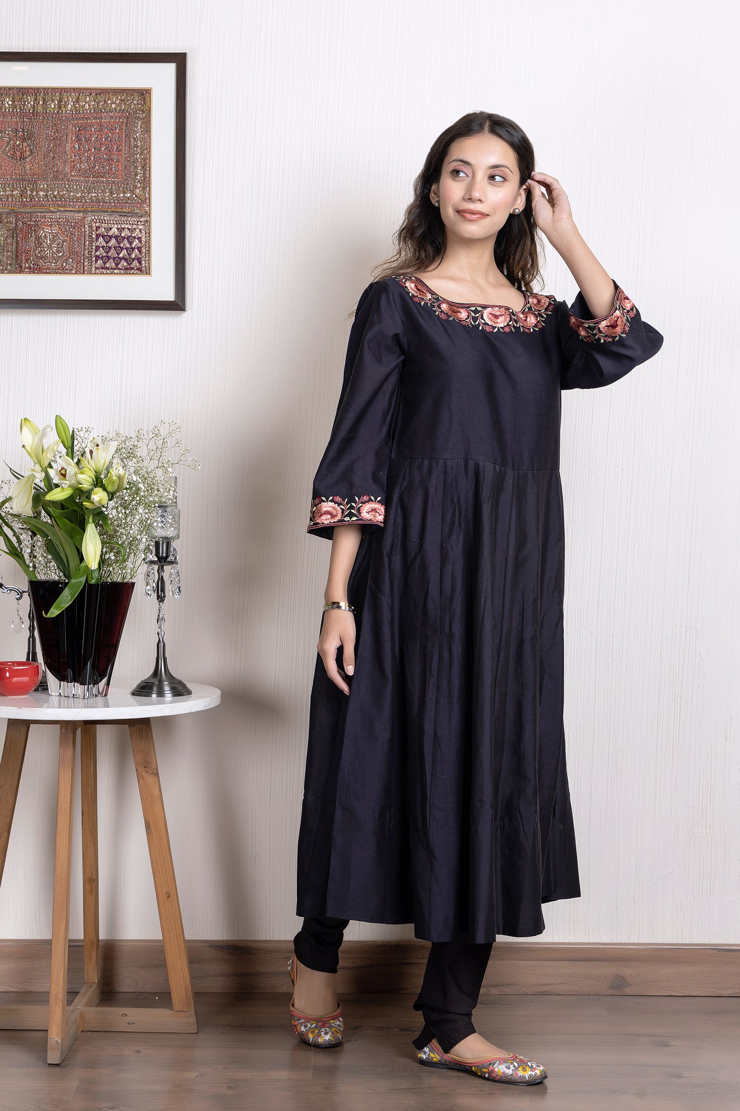 Nakkashi Black Chanderi Embroidered Anarkali Set