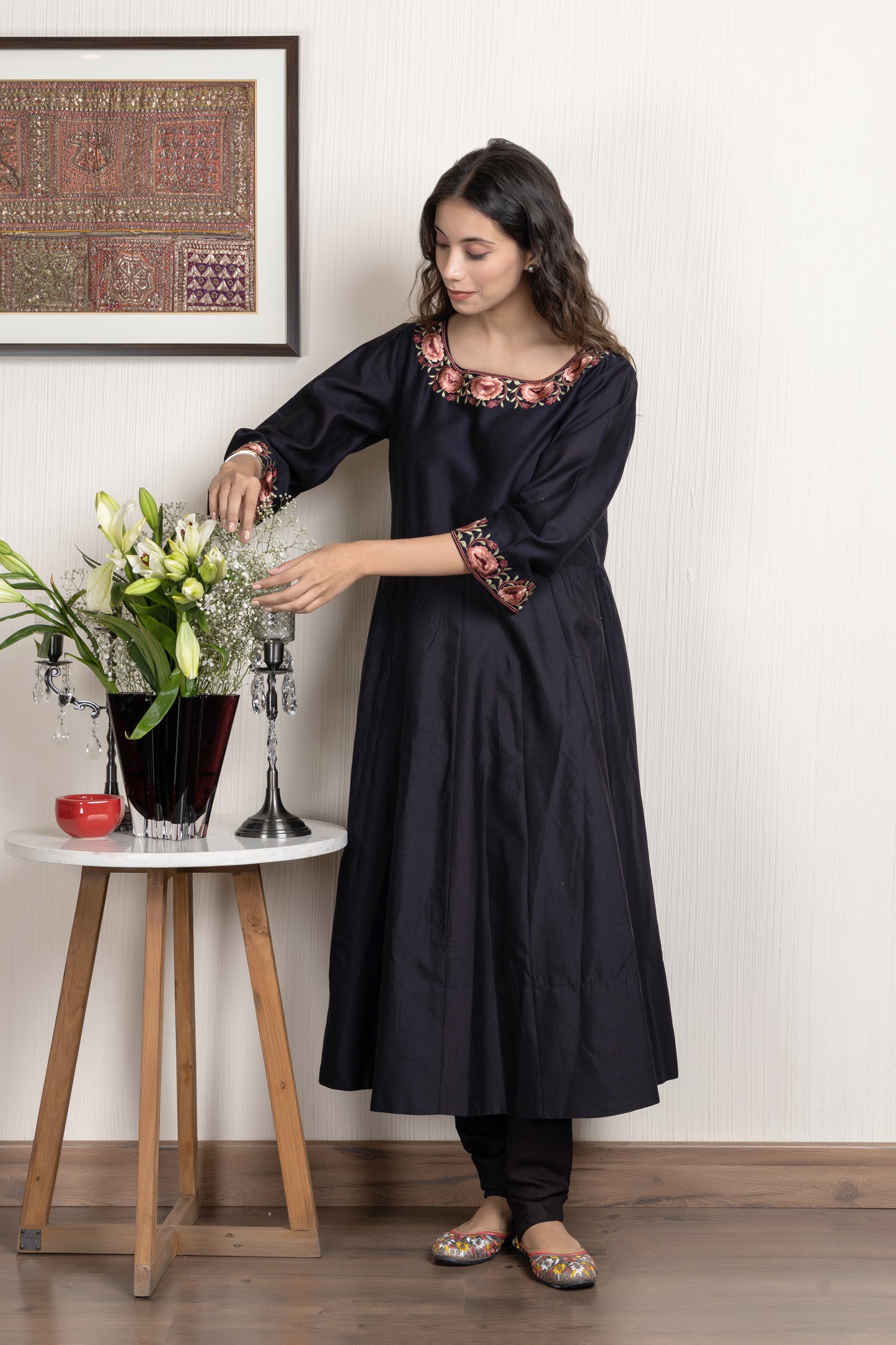 Nakkashi Black Chanderi Embroidered Anarkali Set