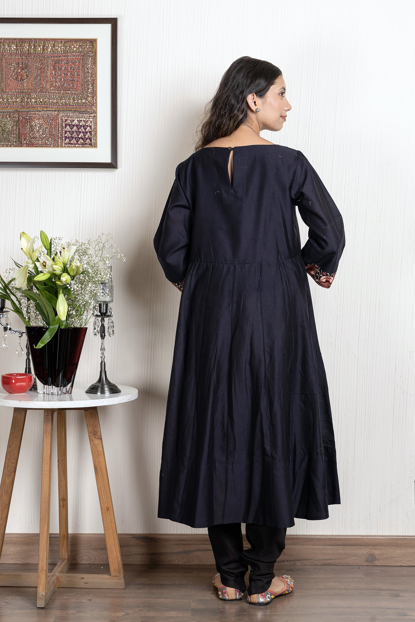 Nakkashi Black Chanderi Embroidered Anarkali Set