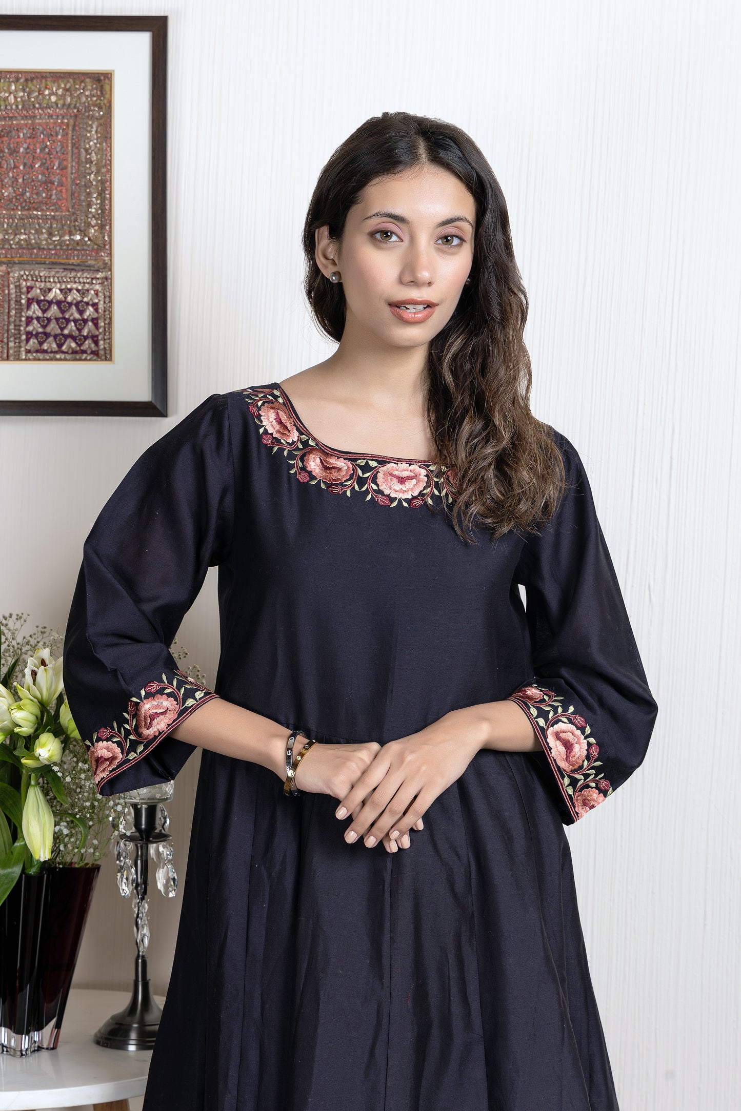 Nakkashi Black Chanderi Embroidered Anarkali Set
