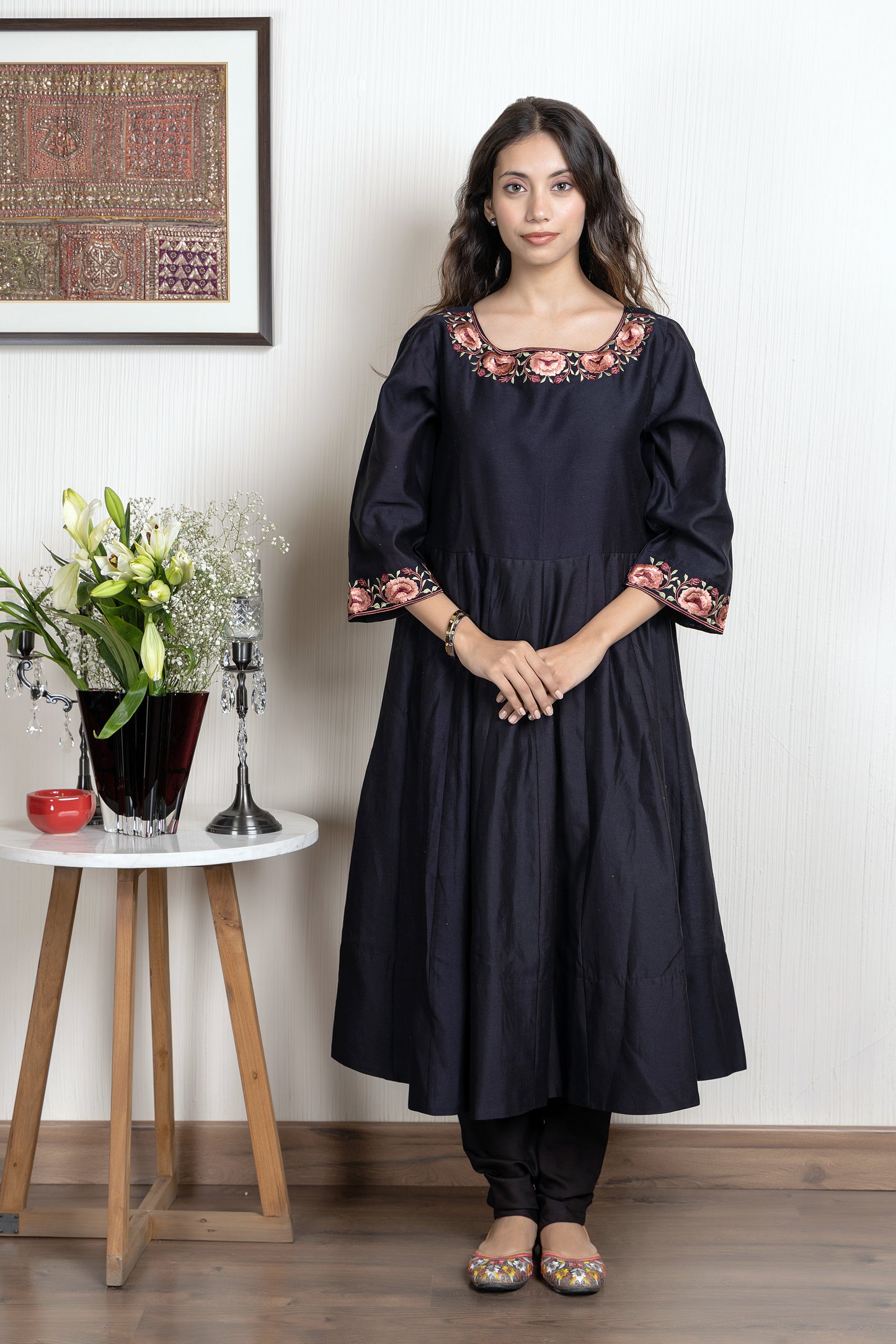 Nakkashi Black Chanderi Embroidered Anarkali Set