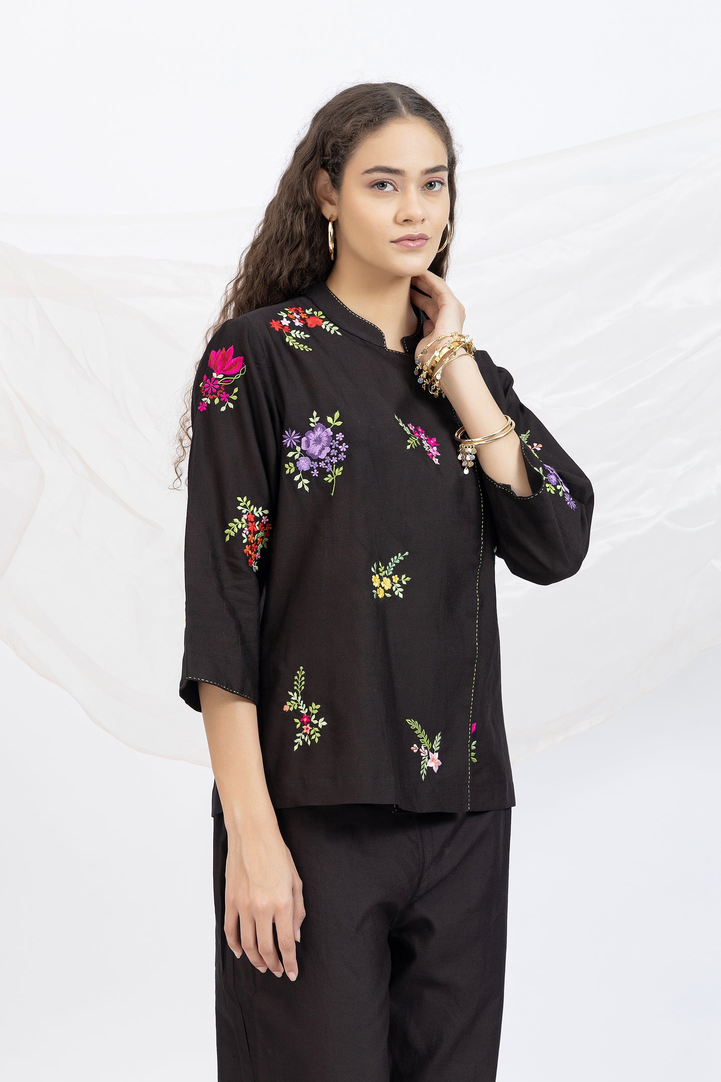 Bageecha Black Chanderi Embroidered Top