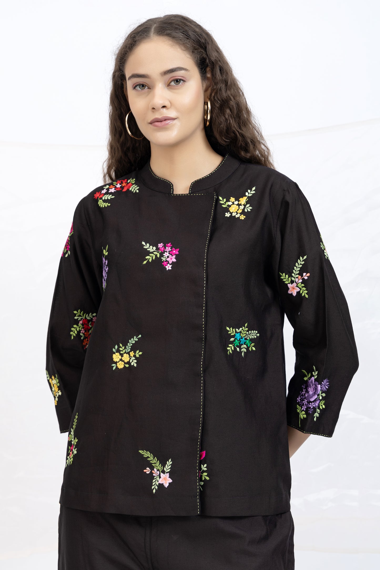 Bageecha Black Chanderi Embroidered Top