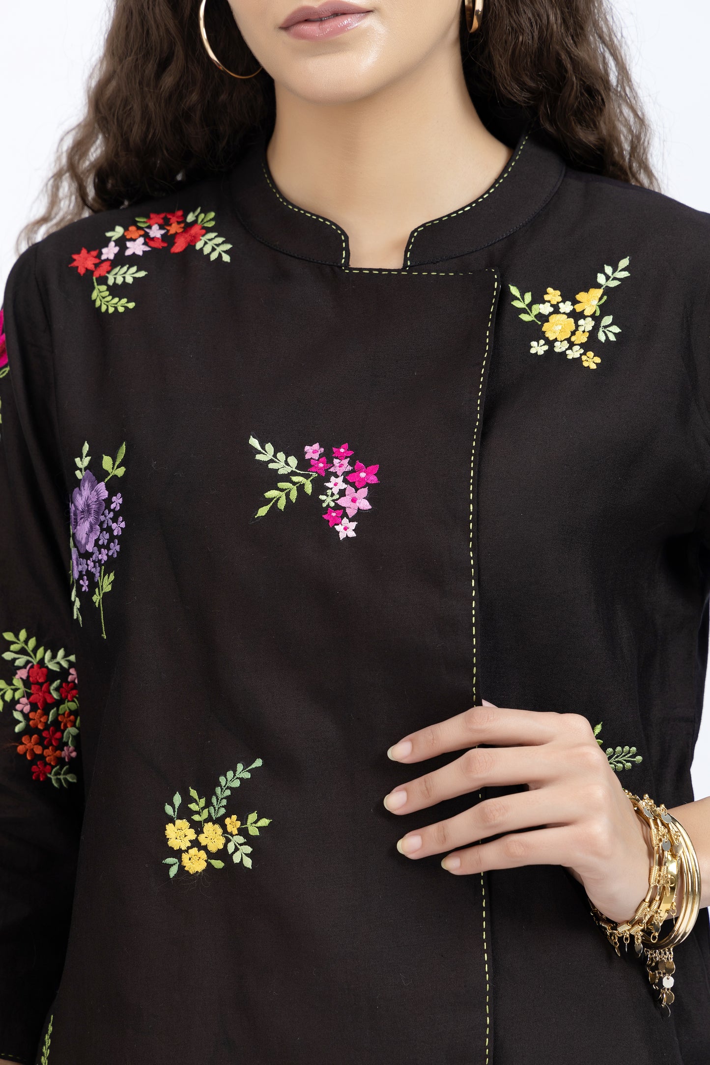 Bageecha Black Chanderi Embroidered Top