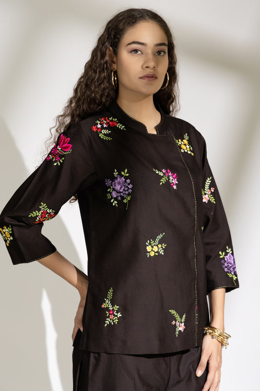 Bageecha Black Chanderi Embroidered Top