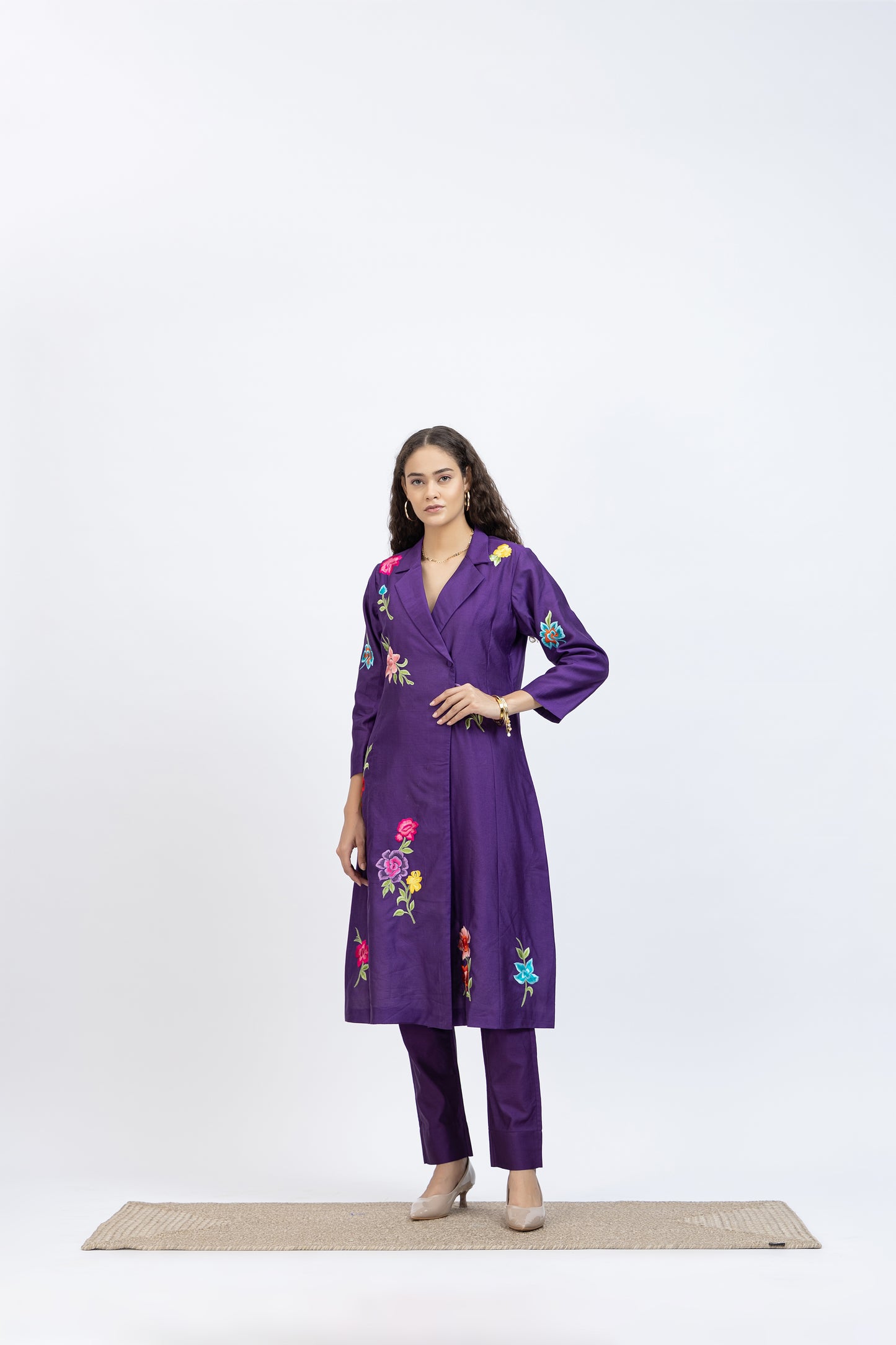 Bageecha Purple Chanderi Floral Embroidered Long Jacket