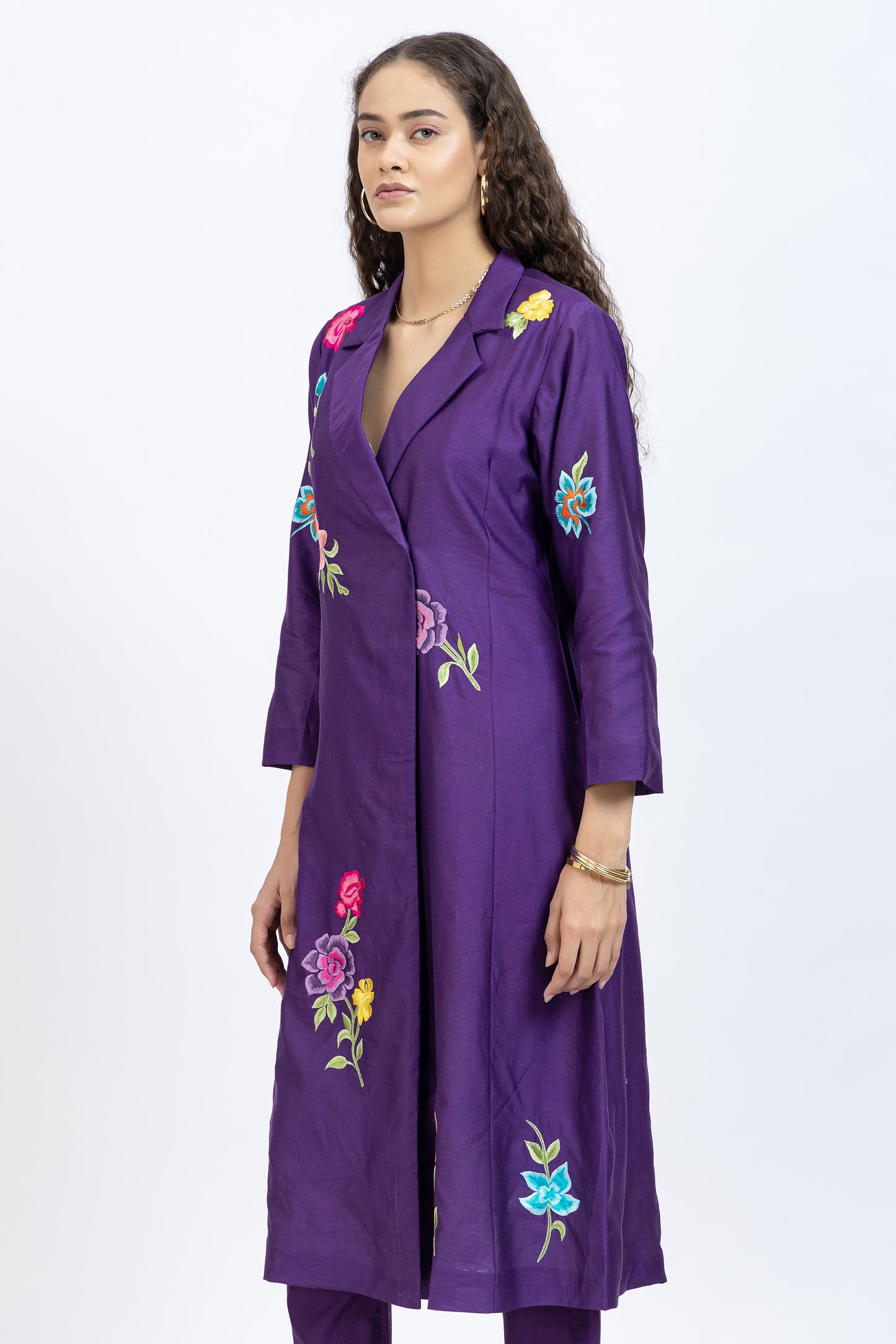 Bageecha Purple Chanderi Floral Embroidered Long Jacket