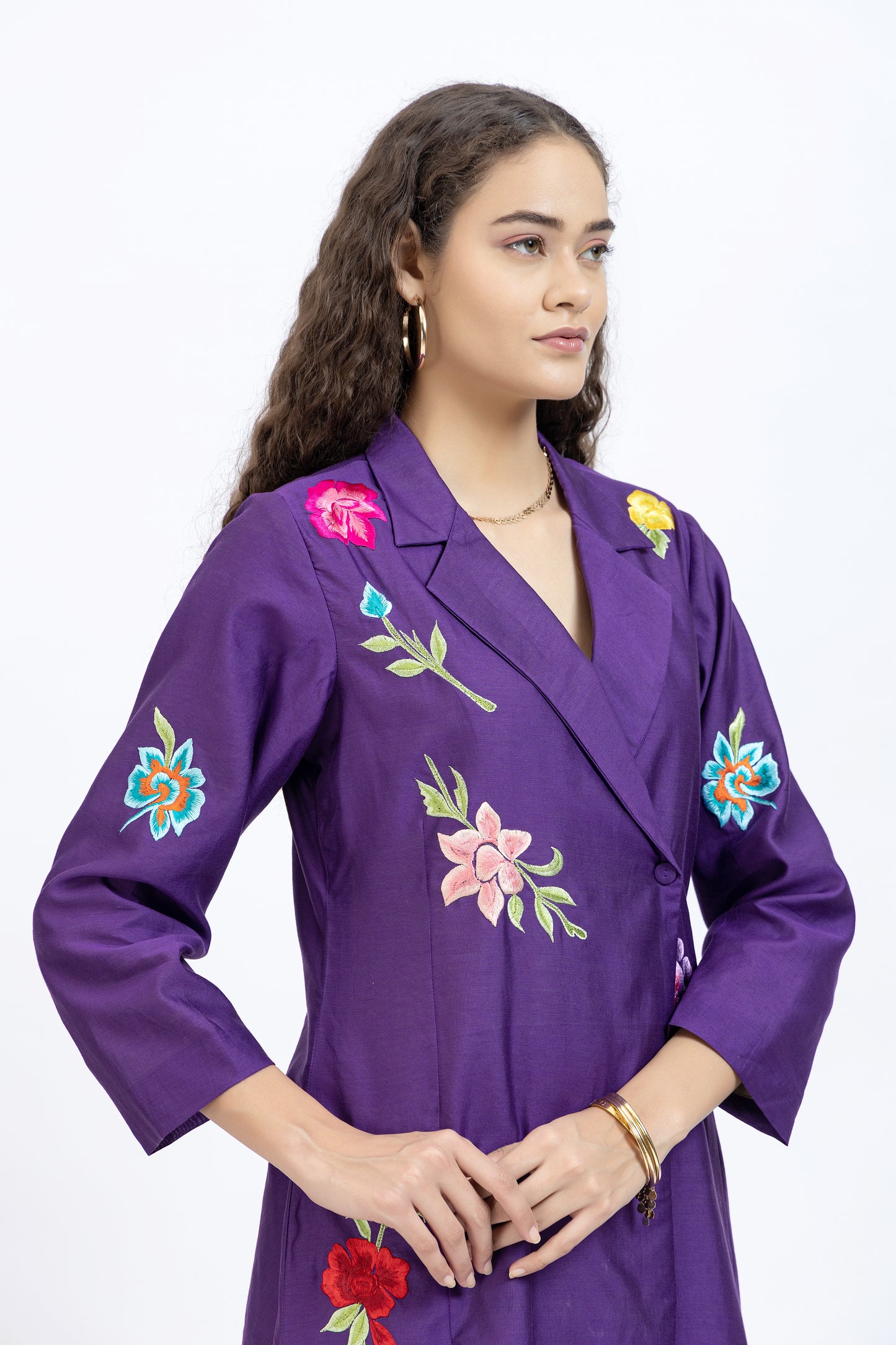 Bageecha Purple Chanderi Floral Embroidered Long Jacket